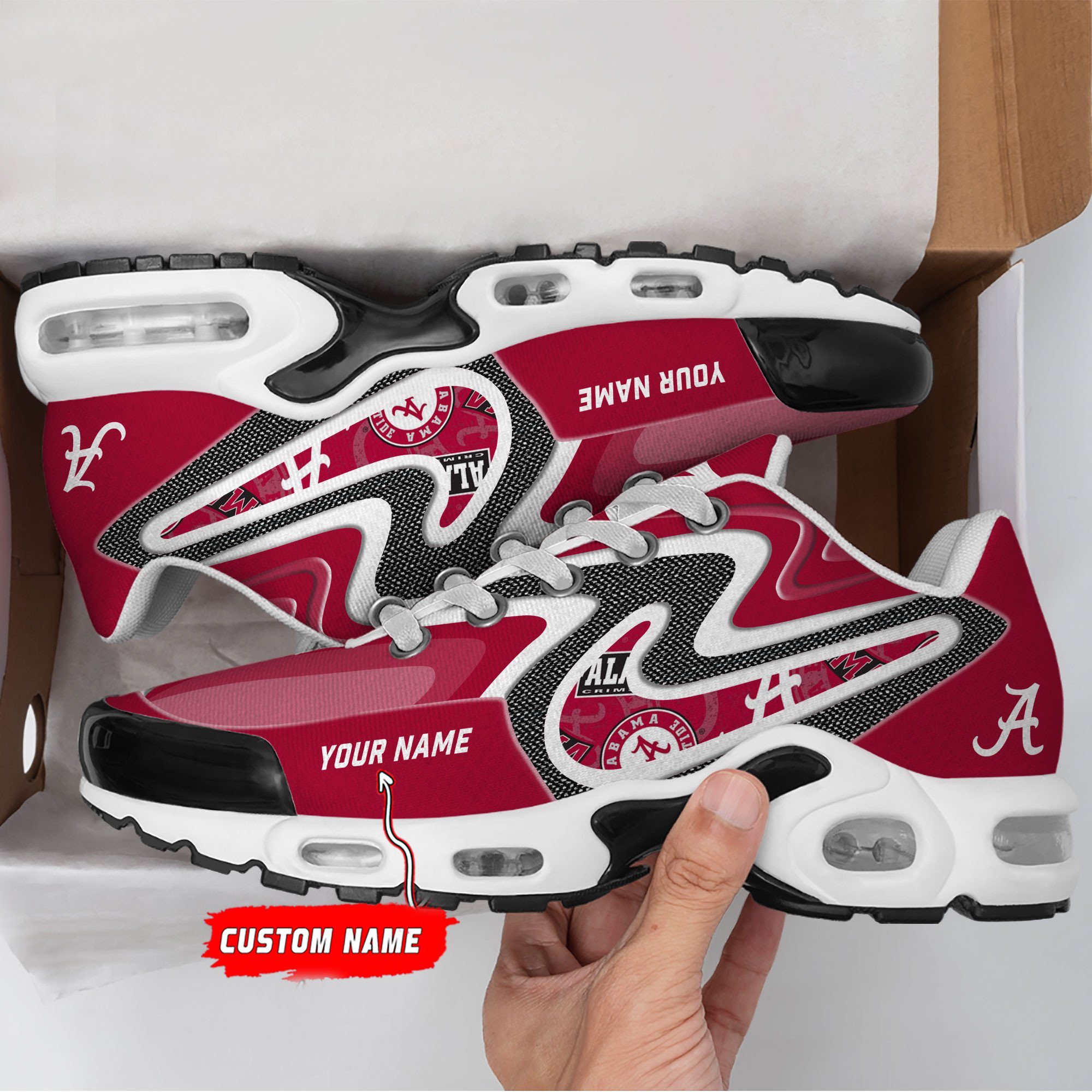 Alabama Crimson Tide Personalized Name Team Checkmark Logo Mix Colors Stitch Line TN Air Max Shoes Air Cushion Sneakers