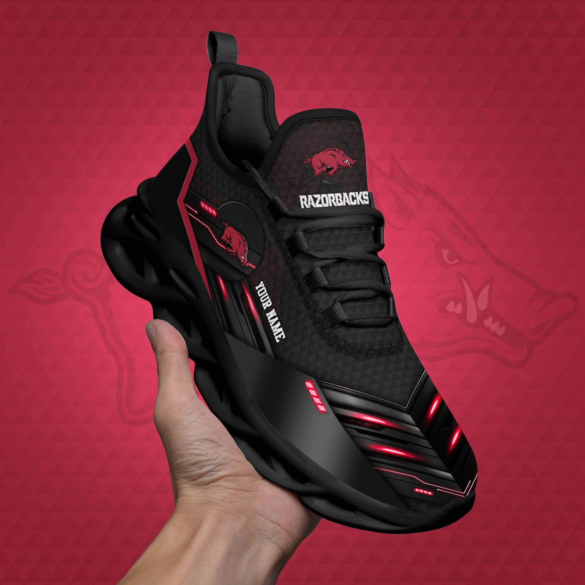 Arkansas Razorbacks Black Clunky Sneaker Custom Name, Max Soul Shoes, Sport Gifts For Fan