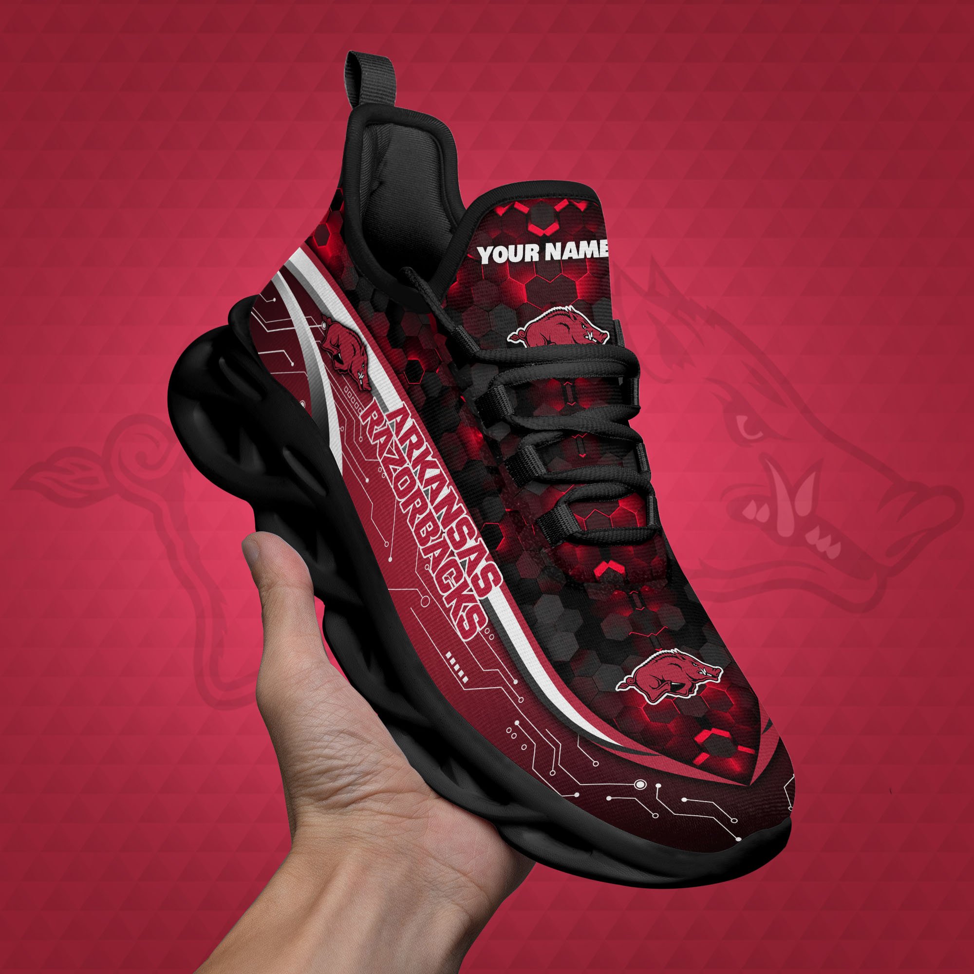 Arkansas Razorbacks Black Clunky Sneakers Custom Name, Max Soul Shoes, Sport Gifts
