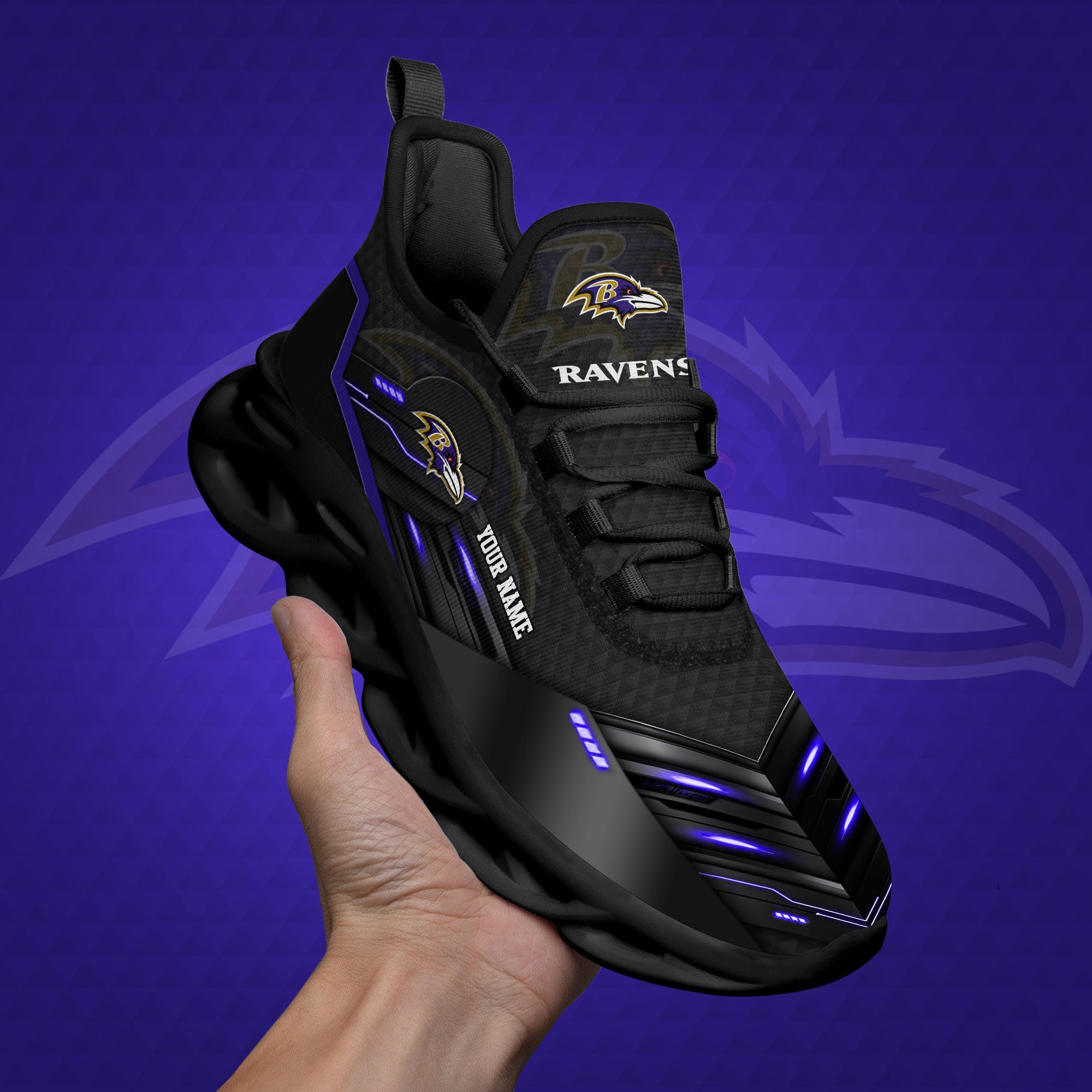 Baltimore Ravens Black Clunky Sneaker Custom Name, Max Soul Shoes, Sport Gifts For Fan