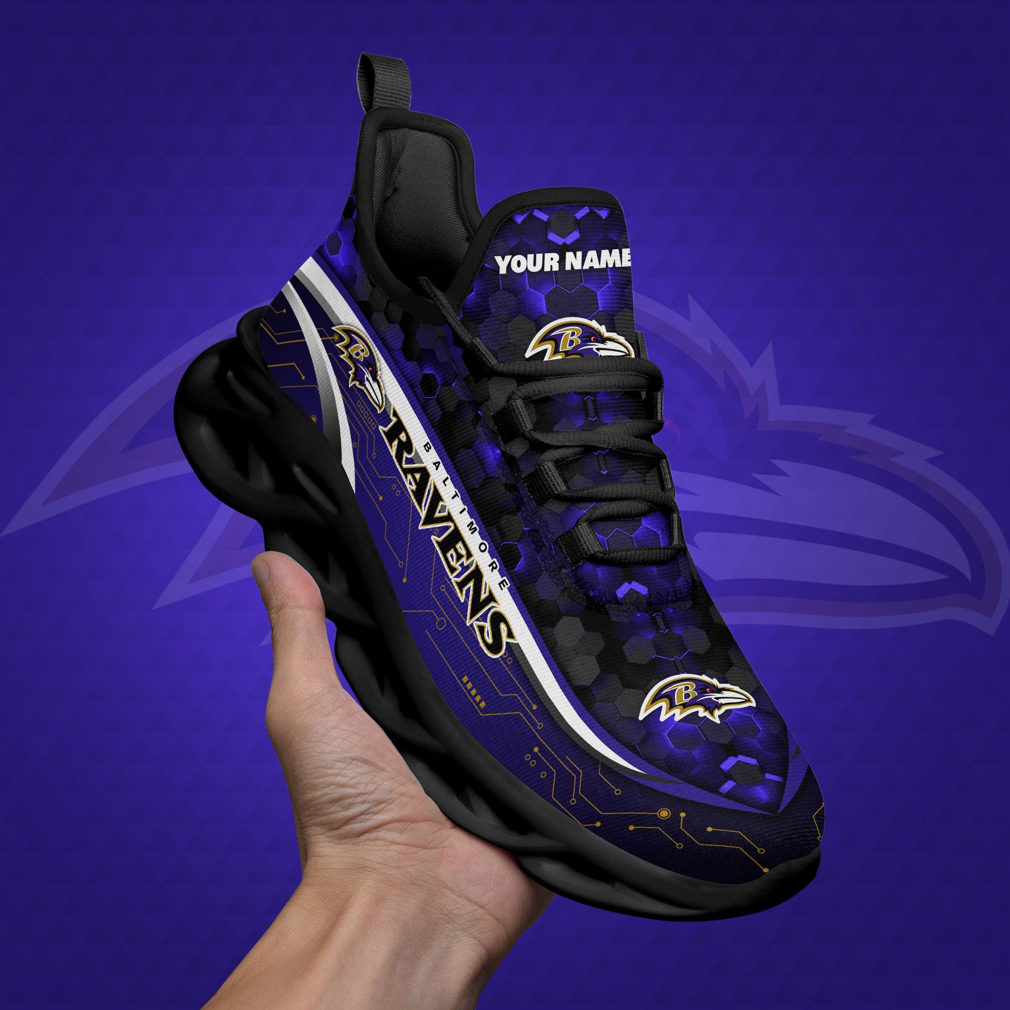 Baltimore Ravens Black Clunky Sneakers Custom Name, Max Soul Shoes, Sport Gifts