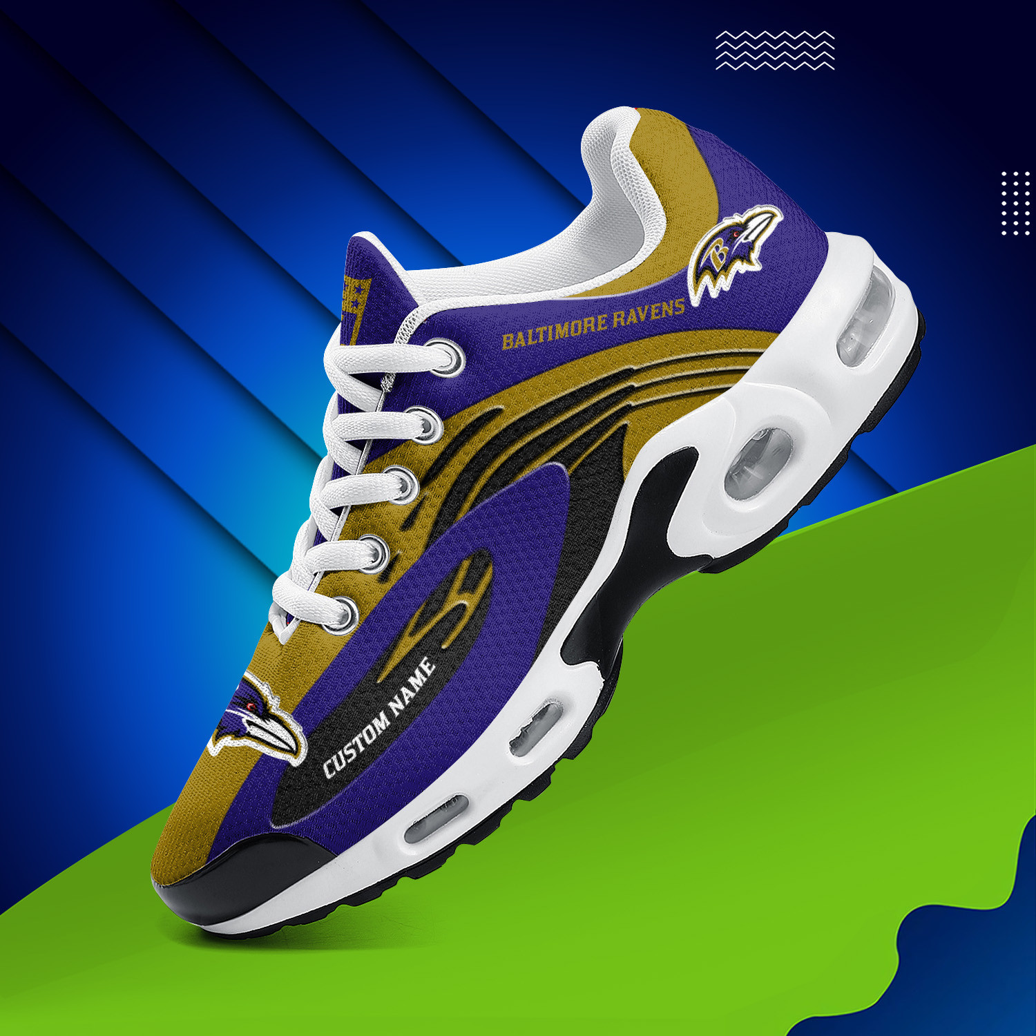 Baltimore Ravens Personalized Name Team Logo Mix Colors Wave Line TN Air Max Shoes Air Cushion Sneakers
