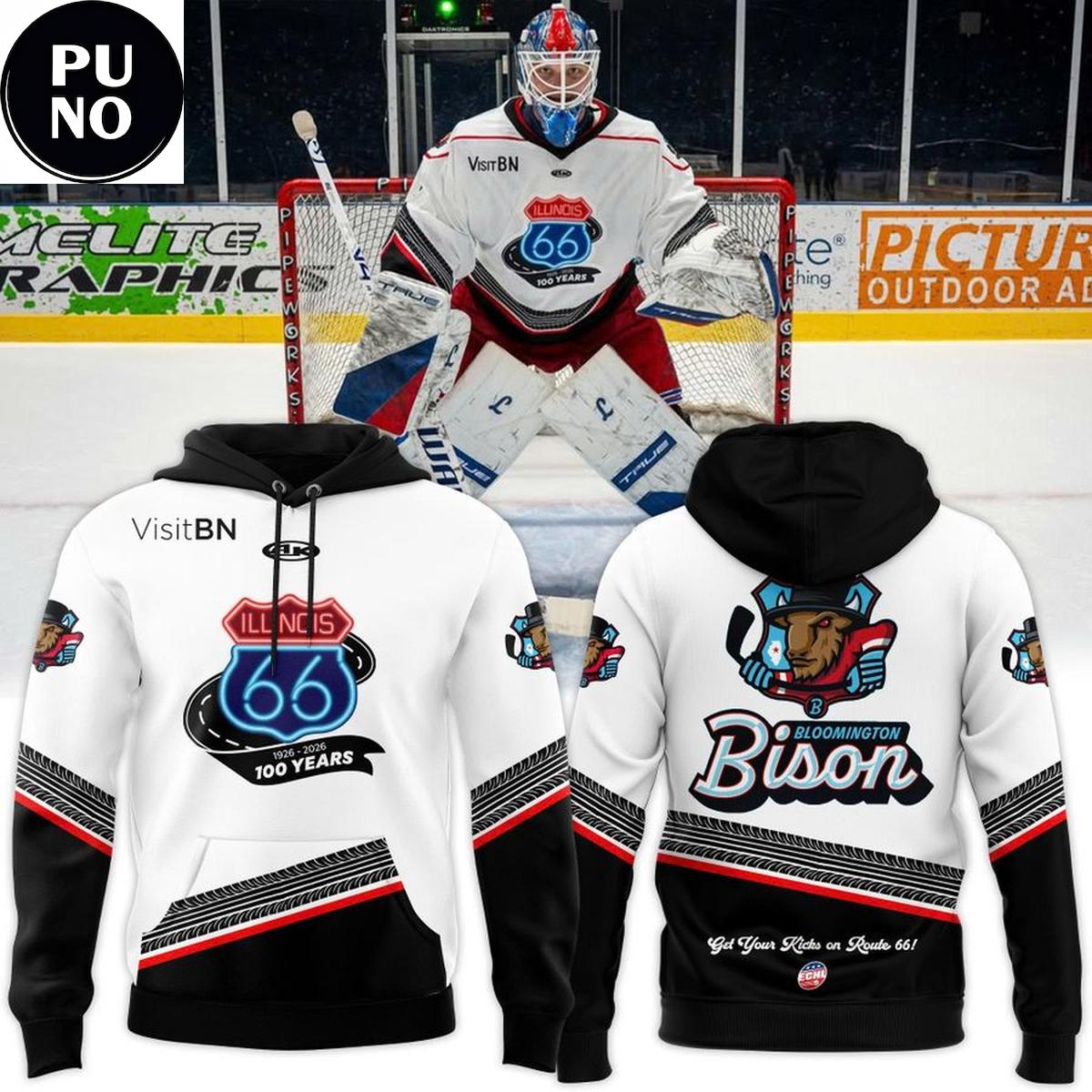 bloomington bison honoring the centennial of route 66 2026 hoodie 5449 wdwue