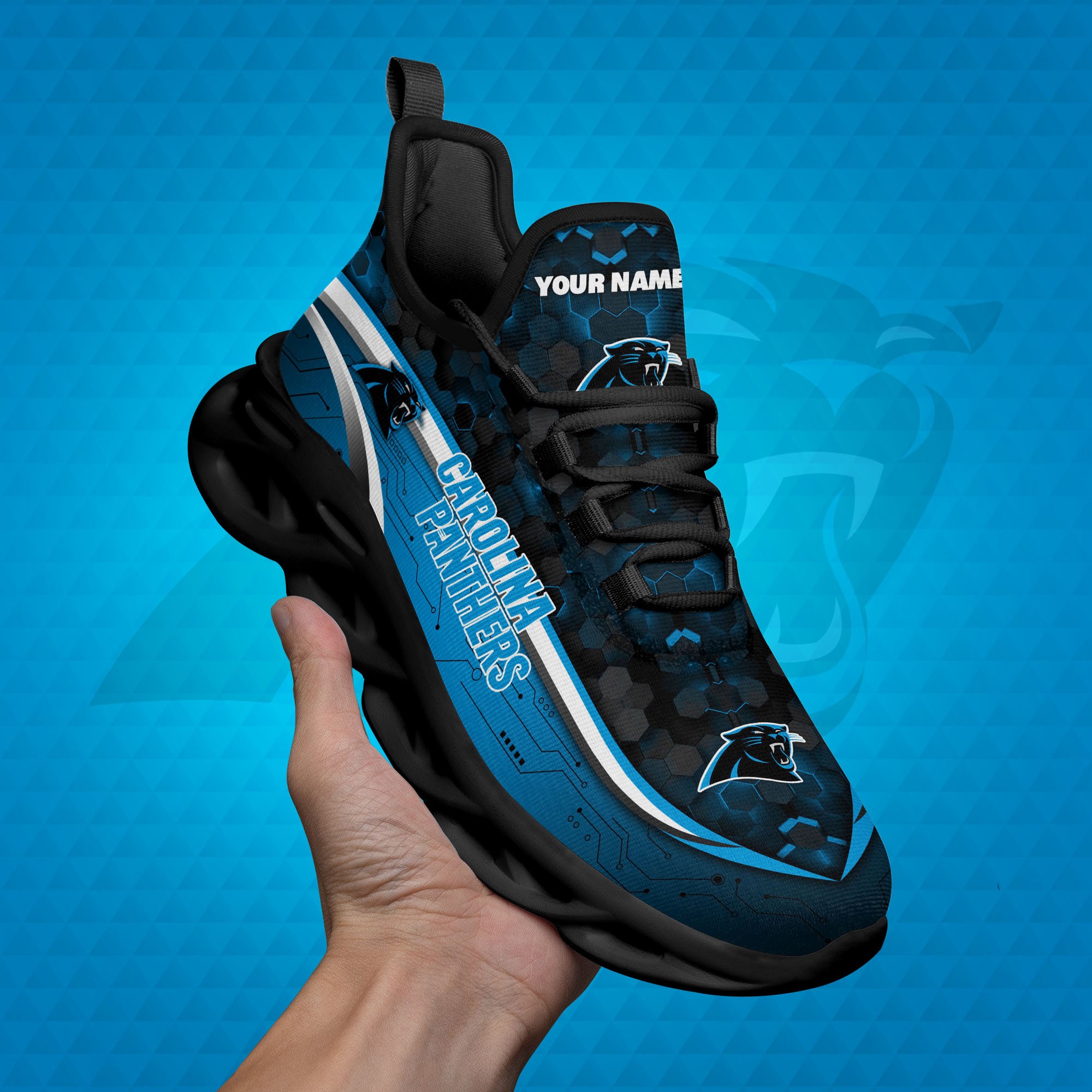 Carolina Panthers Black Clunky Sneakers Custom Name, Max Soul Shoes, Sport Gifts