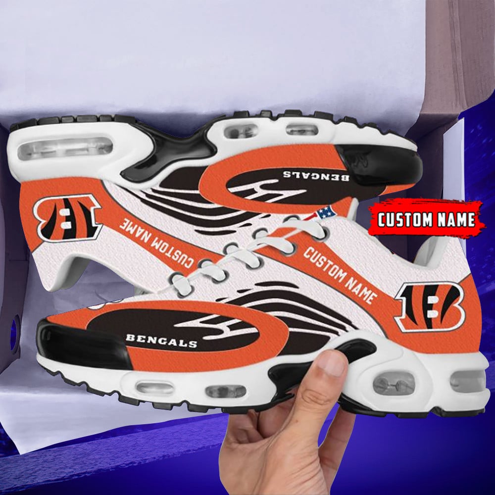 Cincinnati Bengals Custom Name White/Orange Air Max Shoes Air Cushion Sneakers