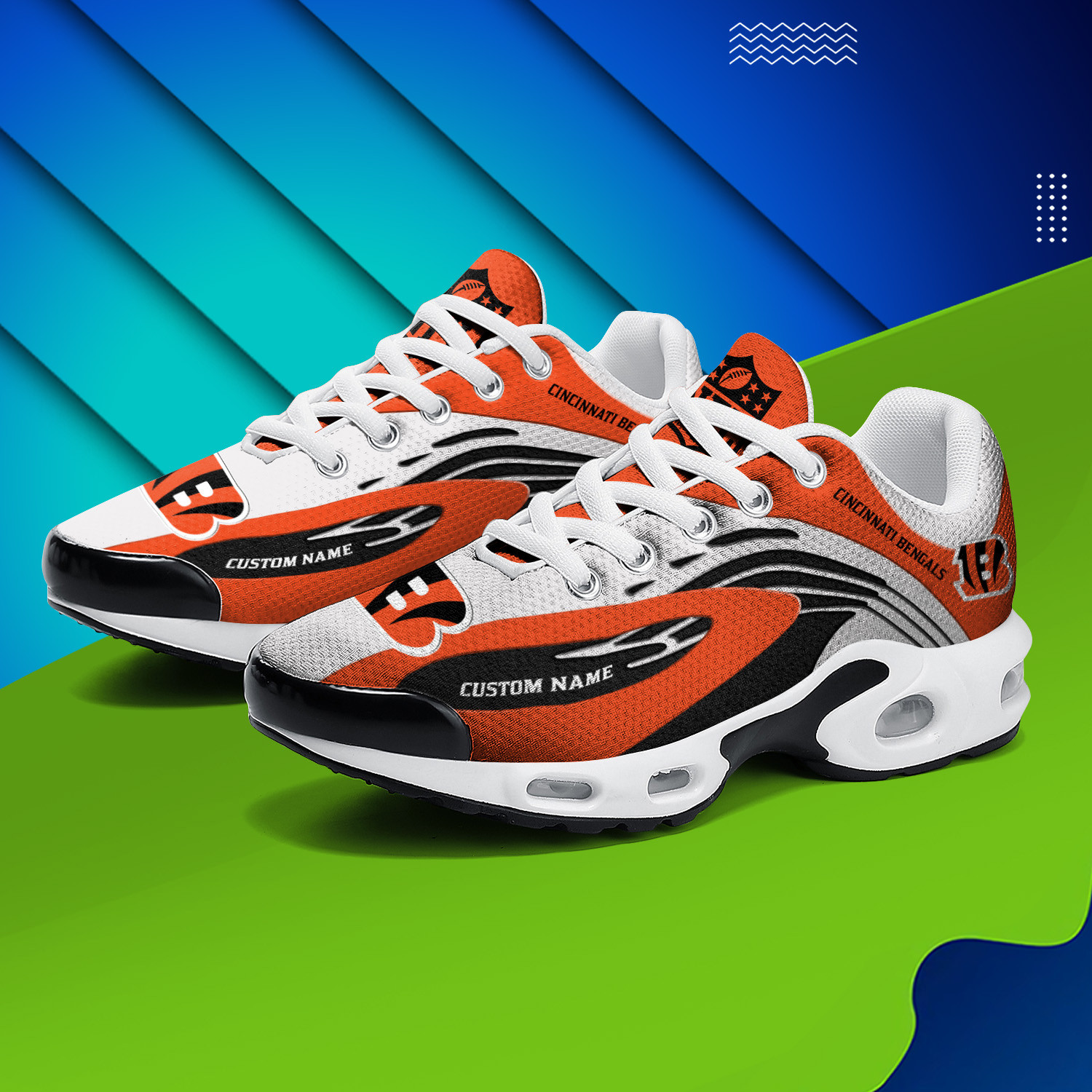 Cincinnati Bengals Personalized Name Team Logo Mix Colors Wave Line TN Air Max Shoes Air Cushion Sneakers