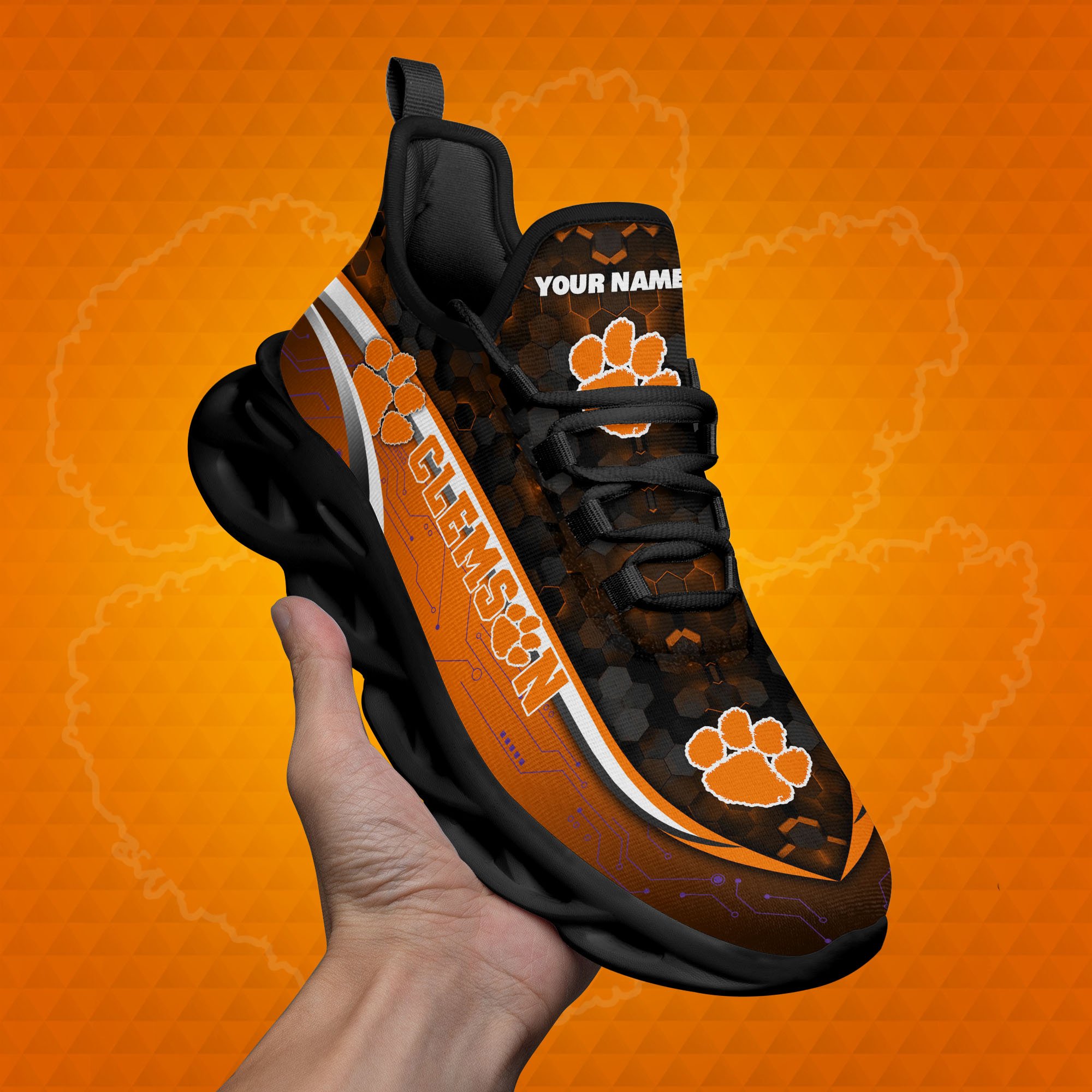 Clemson Tigers Black Clunky Sneakers Custom Name, Max Soul Shoes, Sport Gifts