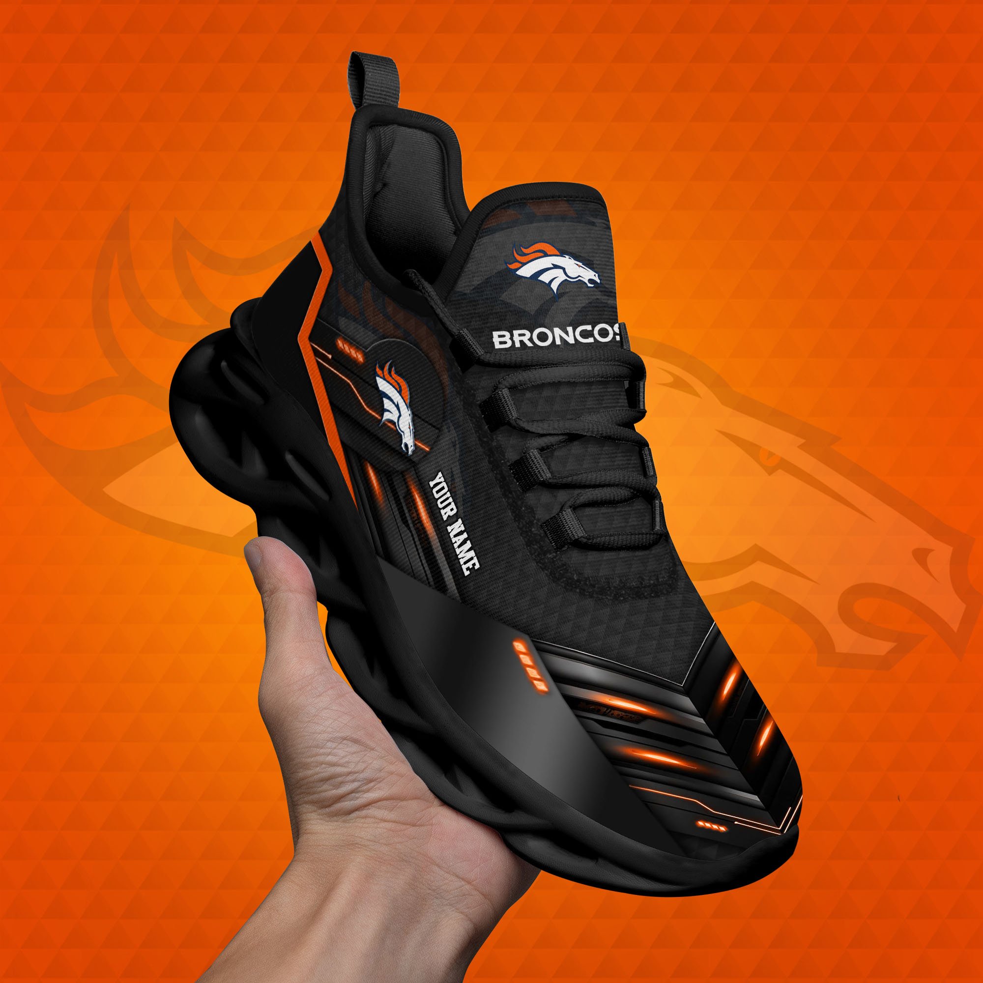 Denver Broncos Black Clunky Sneaker Custom Name, Max Soul Shoes, Sport Gifts For Fan