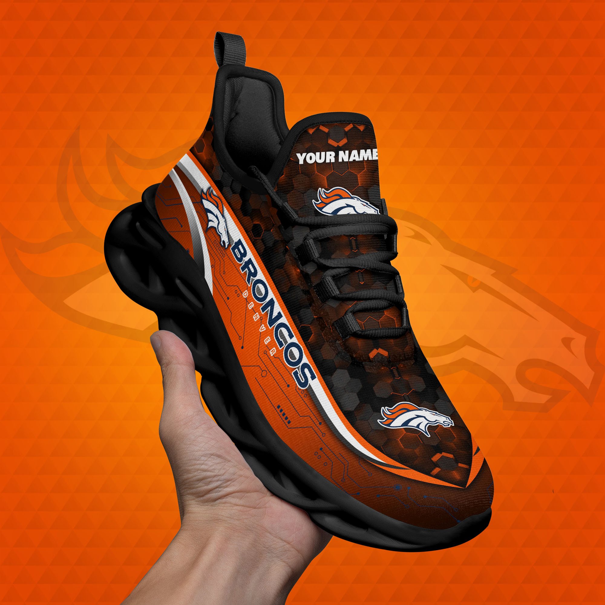 Denver Broncos Black Clunky Sneakers Custom Name, Max Soul Shoes, Sport Gifts