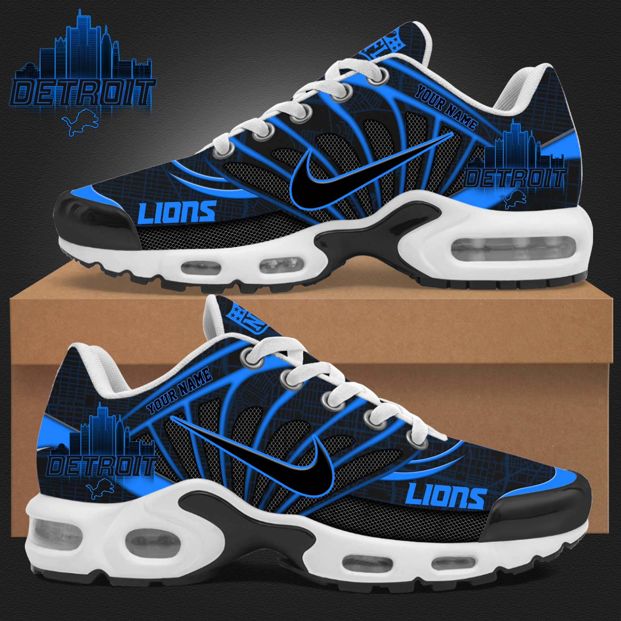 Detroit Lions Back In Black TN Shoes Custom Your Name, Football Team Shoes, Sport Fan Gifts EHIVM 63026