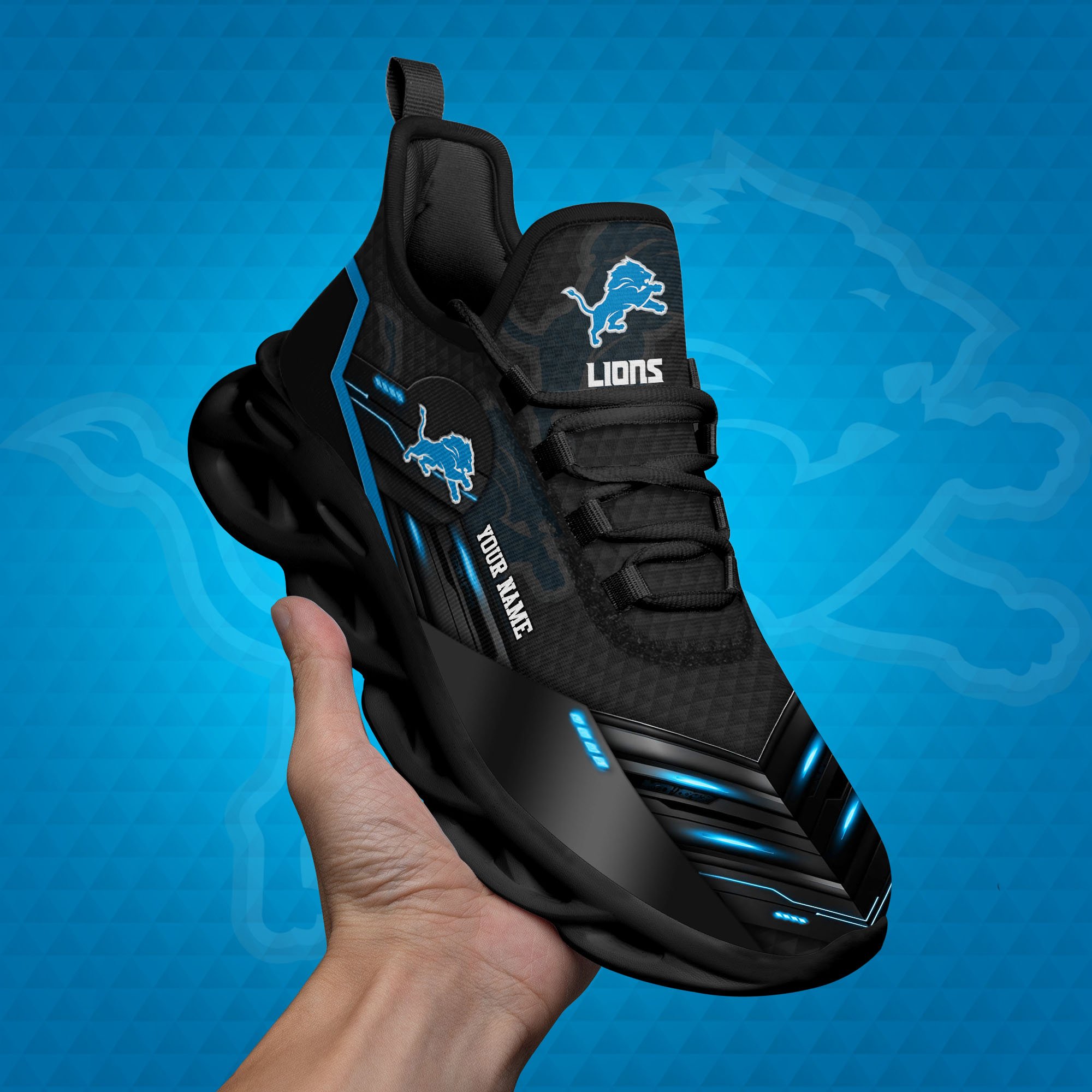 Detroit Lions Black Clunky Sneaker Custom Name, Max Soul Shoes, Sport Gifts For Fan