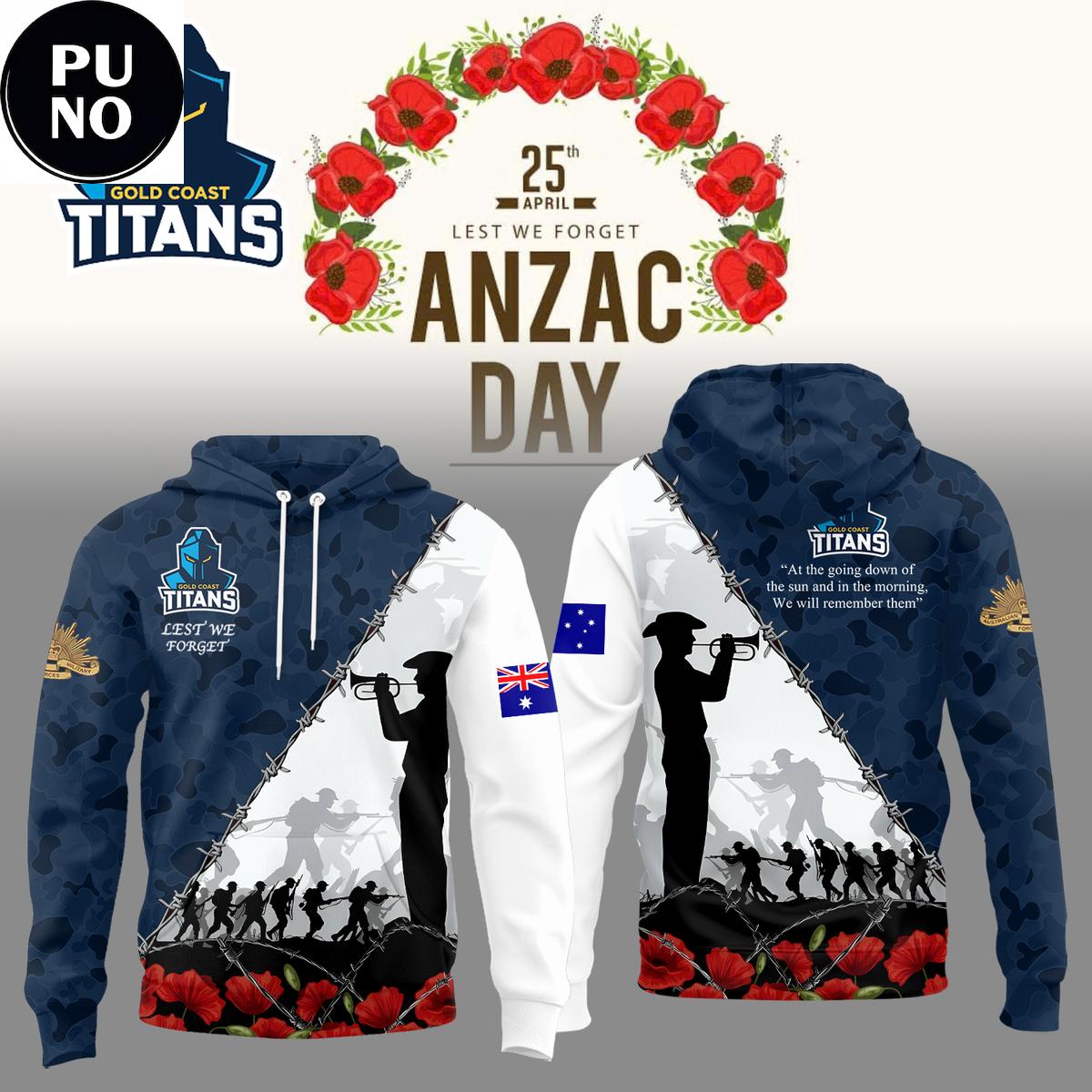 gold coast titans anzac day lest we forget 2026 hoodie 3880 zo0qn