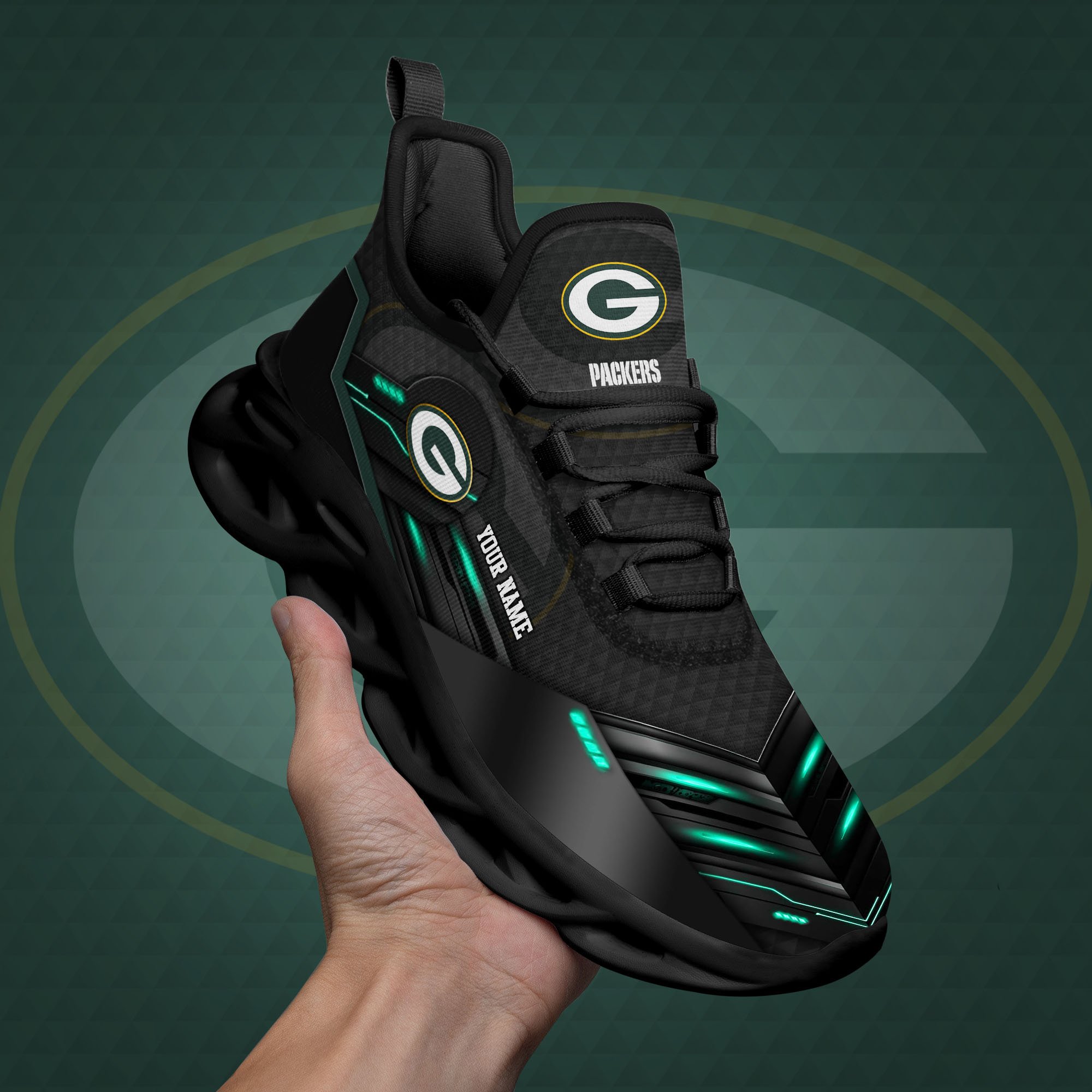 Green Bay Packers Black Clunky Sneaker Custom Name, Max Soul Shoes, Sport Gifts For Fan