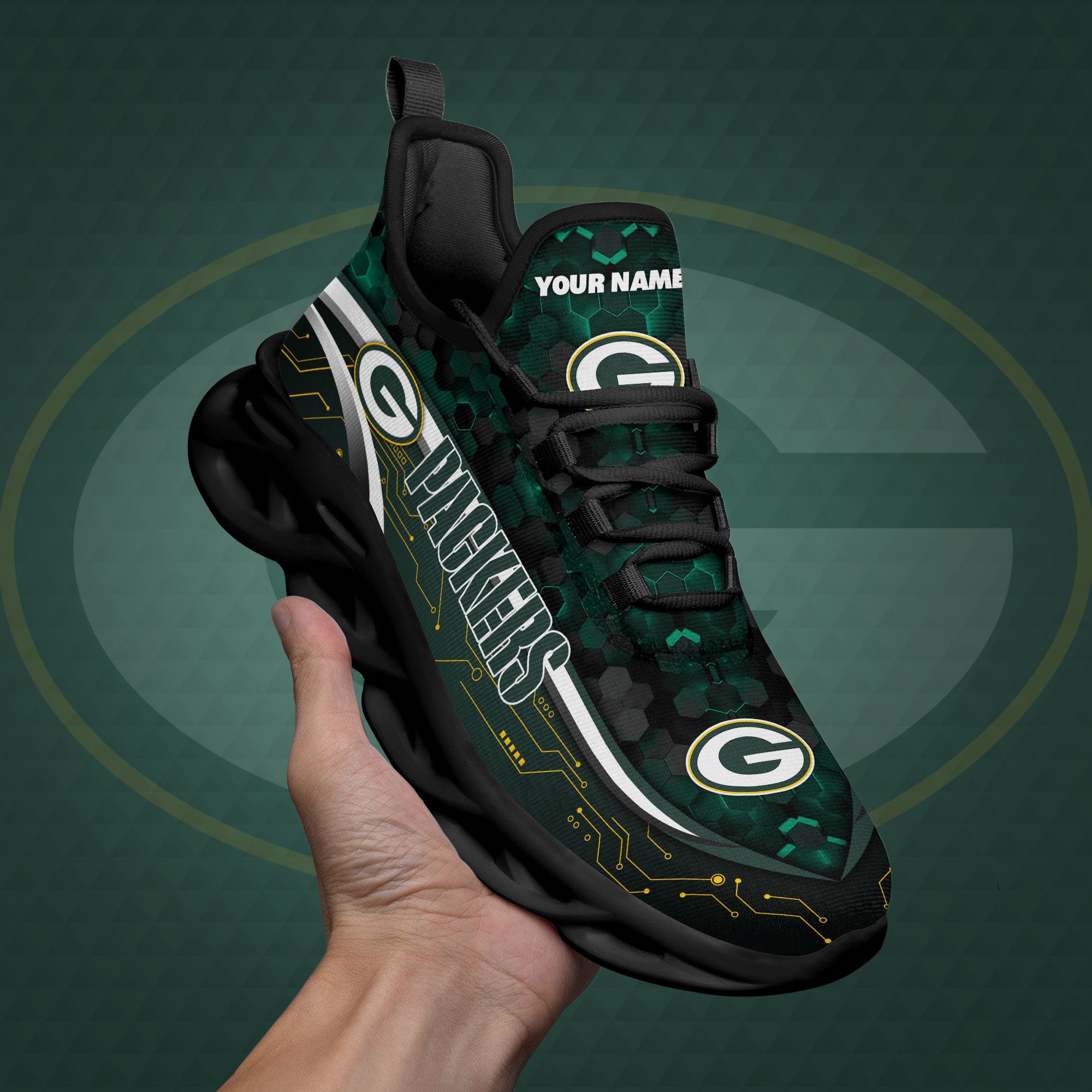 Green Bay Packers Black Clunky Sneakers Custom Name, Max Soul Shoes, Sport Gifts