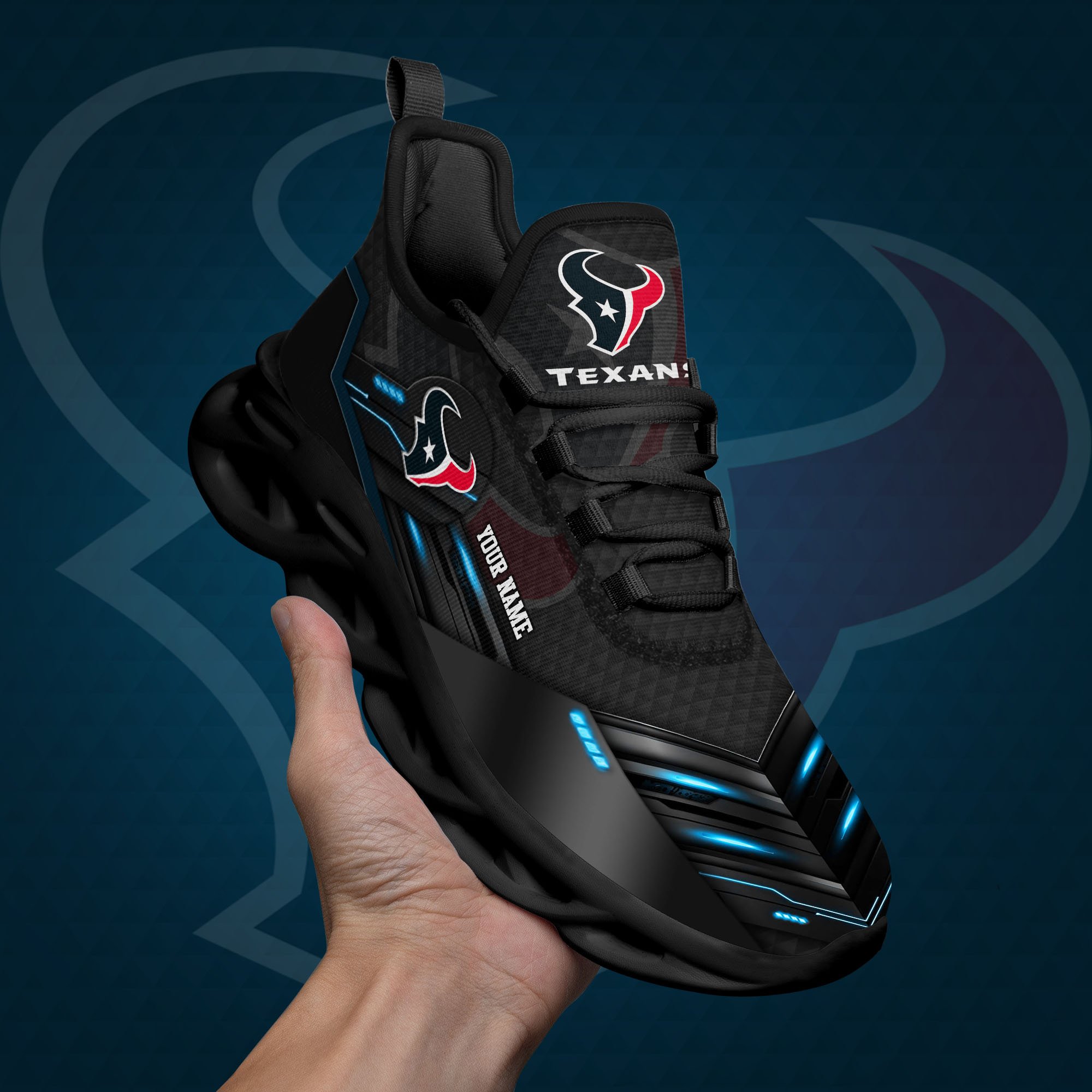 Houston Texans Black Clunky Sneaker Custom Name, Max Soul Shoes, Sport Gifts For Fan