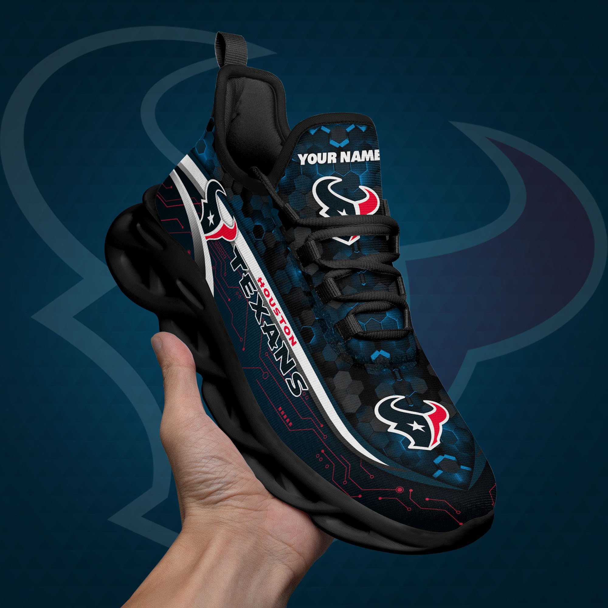 Houston Texans Black Clunky Sneakers Custom Name, Max Soul Shoes, Sport Gifts
