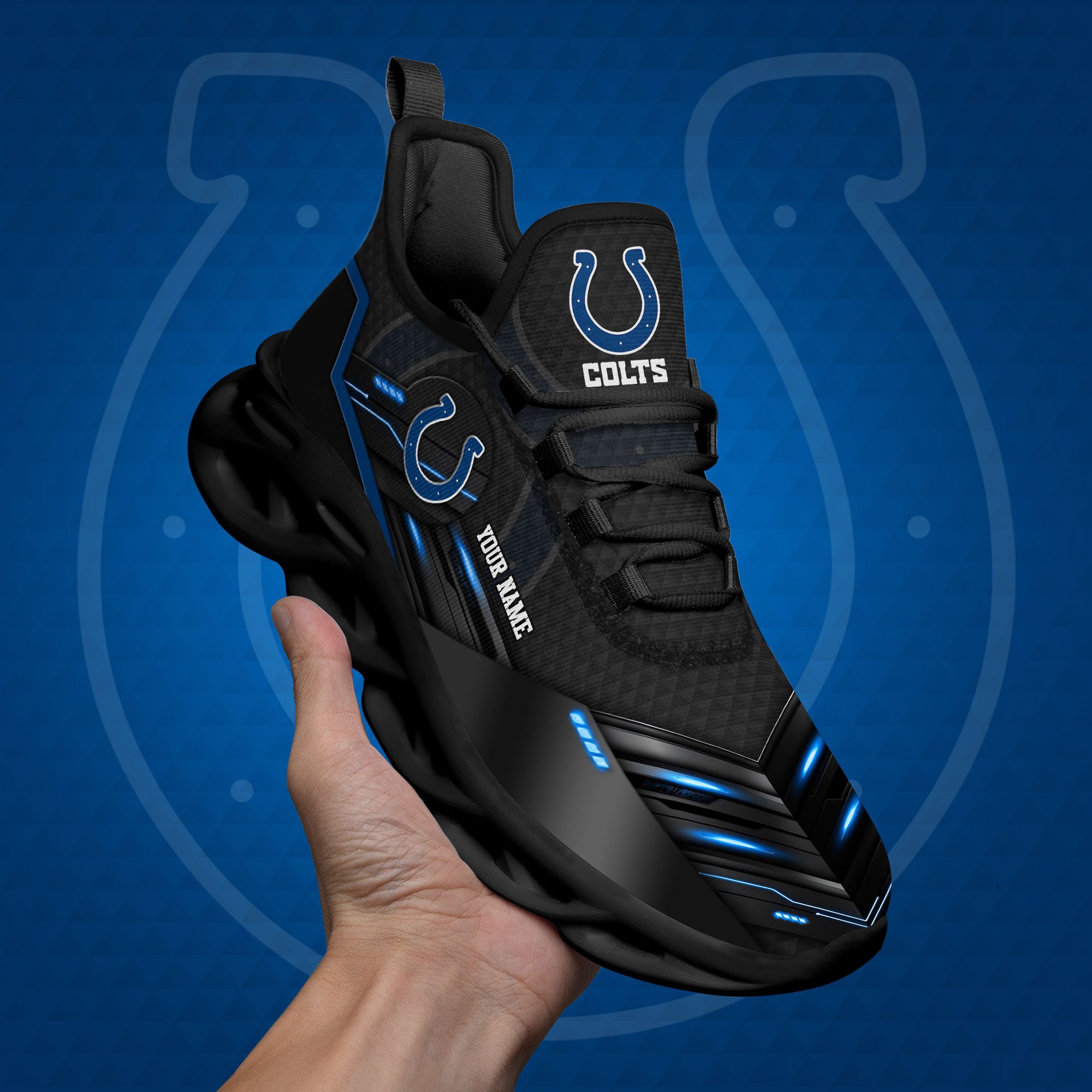 Indianapolis Colts Black Clunky Sneaker Custom Name, Max Soul Shoes, Sport Gifts For Fan