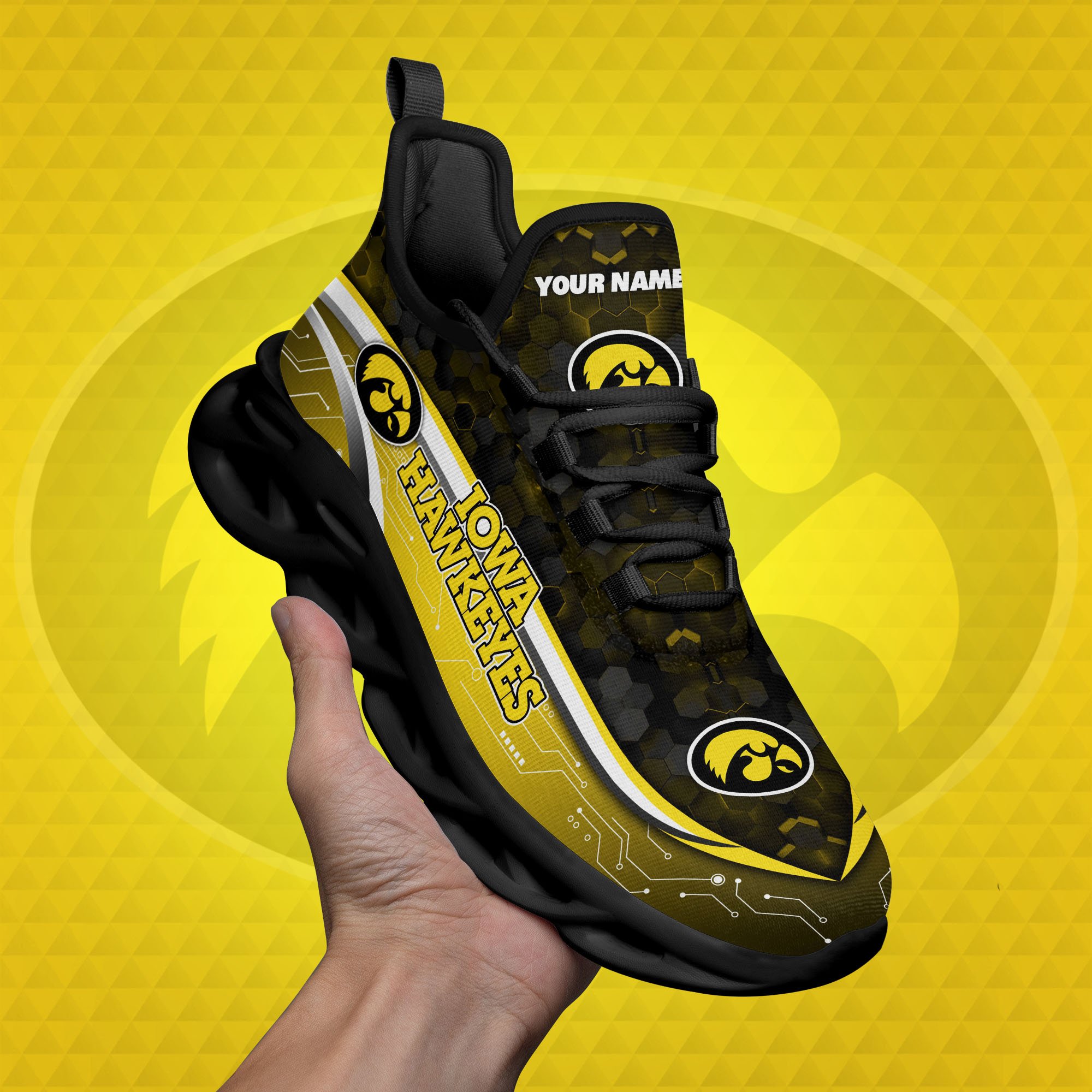 Iowa Hawkeyes Black Clunky Sneakers Custom Name, Max Soul Shoes, Sport Gifts