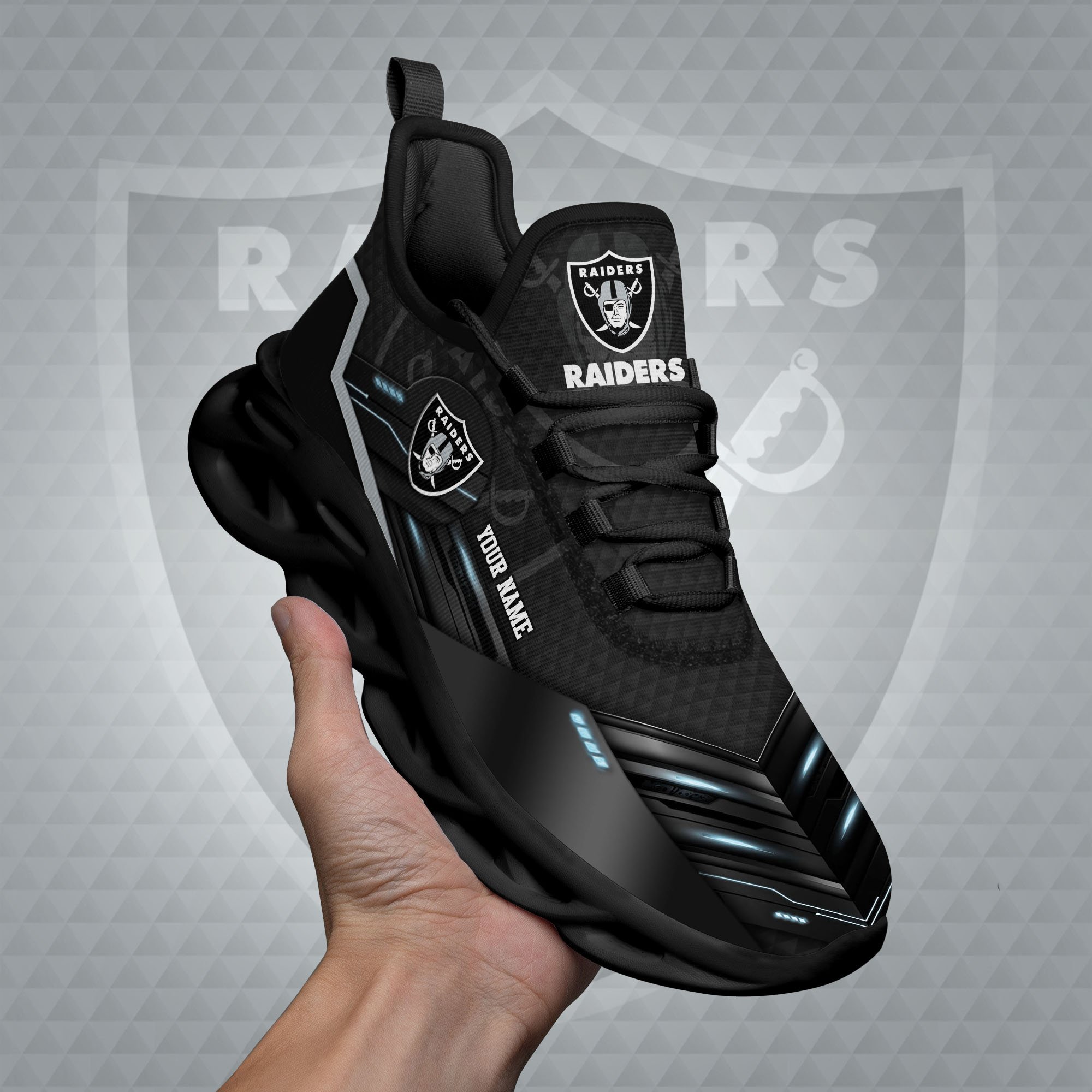 Las Vegas Raiders Black Clunky Sneaker Custom Name, Max Soul Shoes, Sport Gifts For Fan