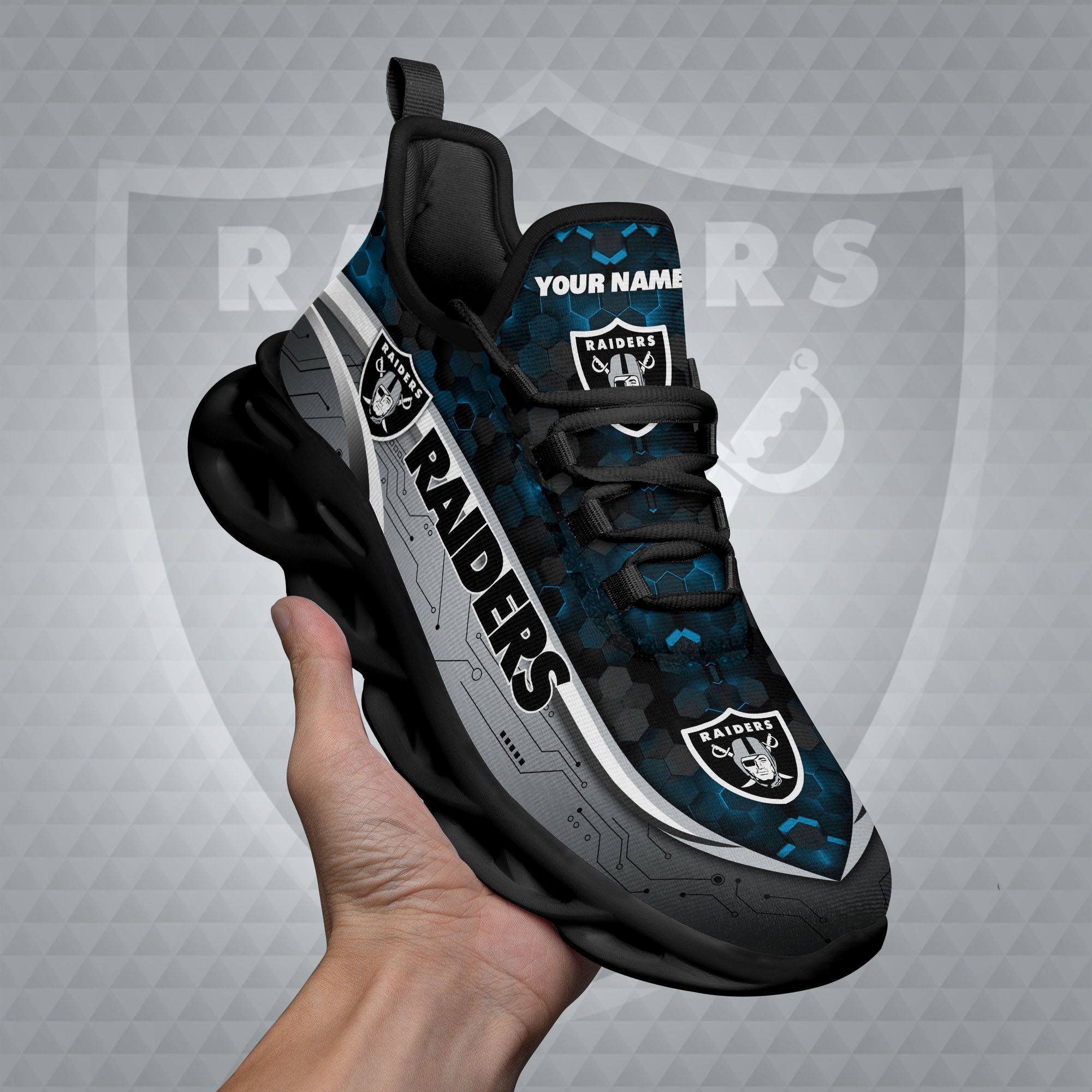 Las Vegas Raiders Black Clunky Sneakers Custom Name, Max Soul Shoes, Sport Gifts