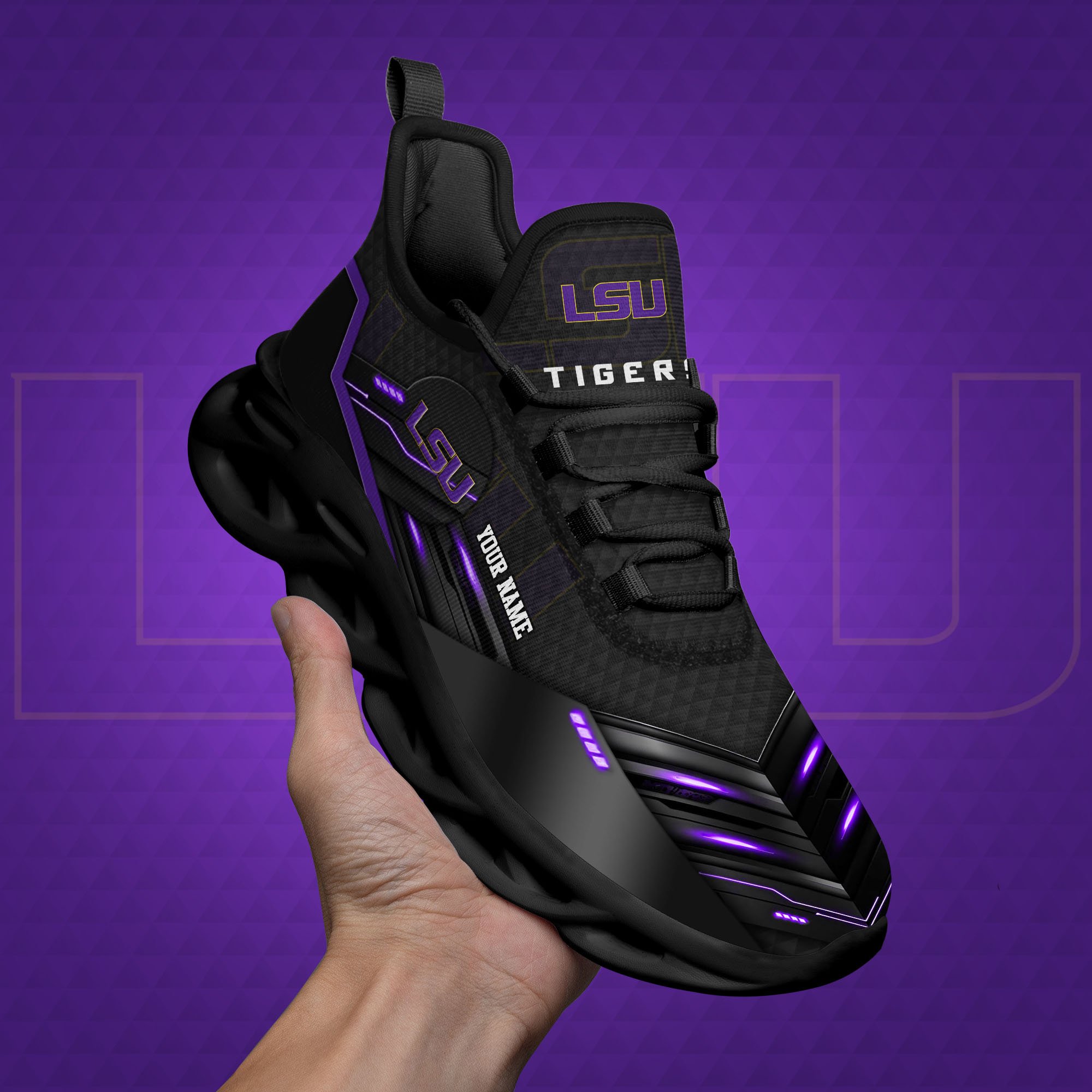 LSU TIGERS Black Clunky Sneaker Custom Name, Max Soul Shoes, Sport Gifts For Fan