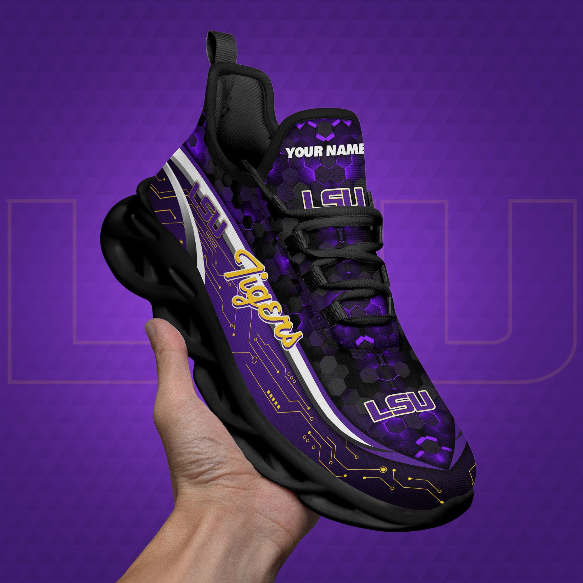 LSU TIGERS Black Clunky Sneakers Custom Name, Max Soul Shoes, Sport Gifts