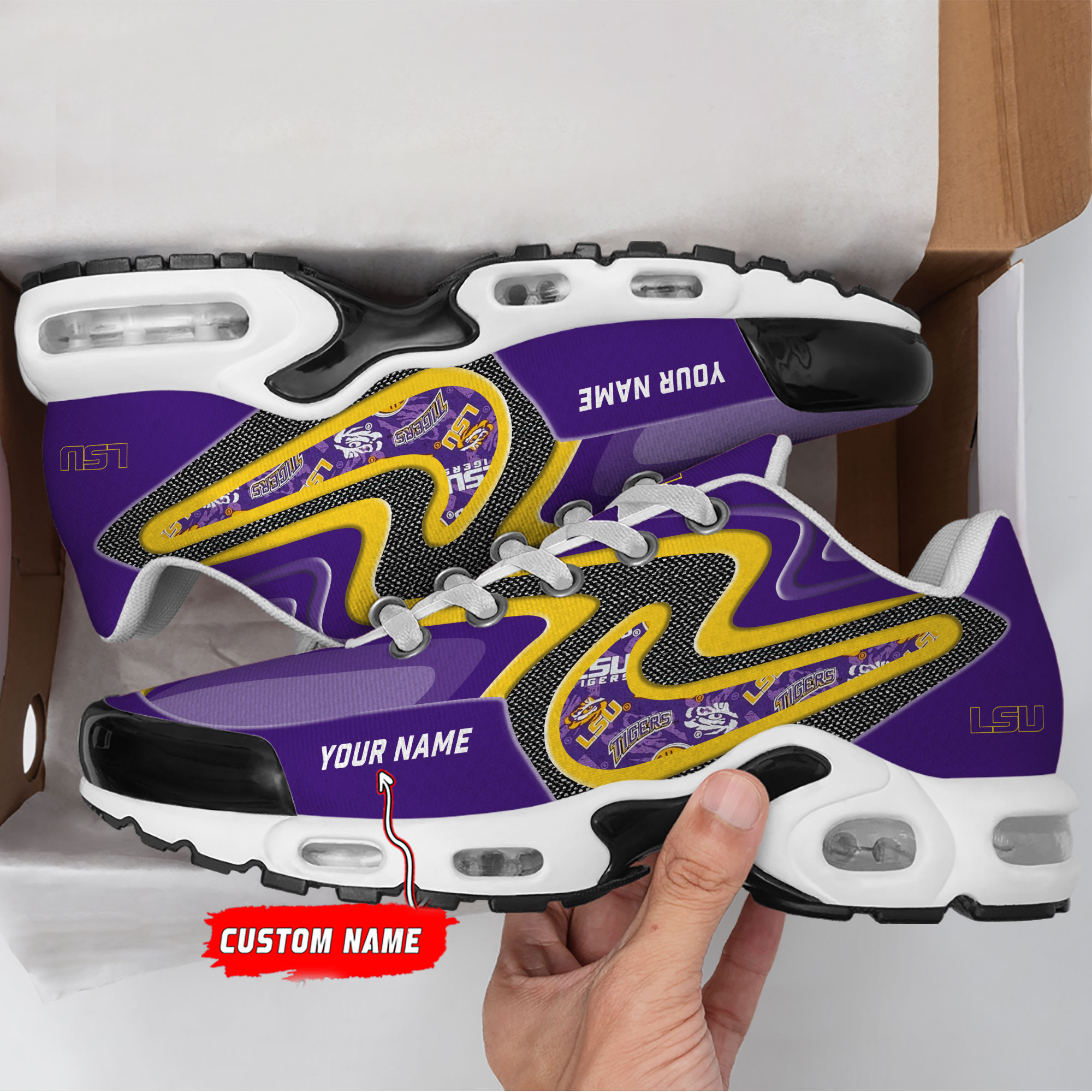 lsu tigers personalized name team checkmark logo mix colors stitch line tn shoes air cushion sneakers 6606 46ynk