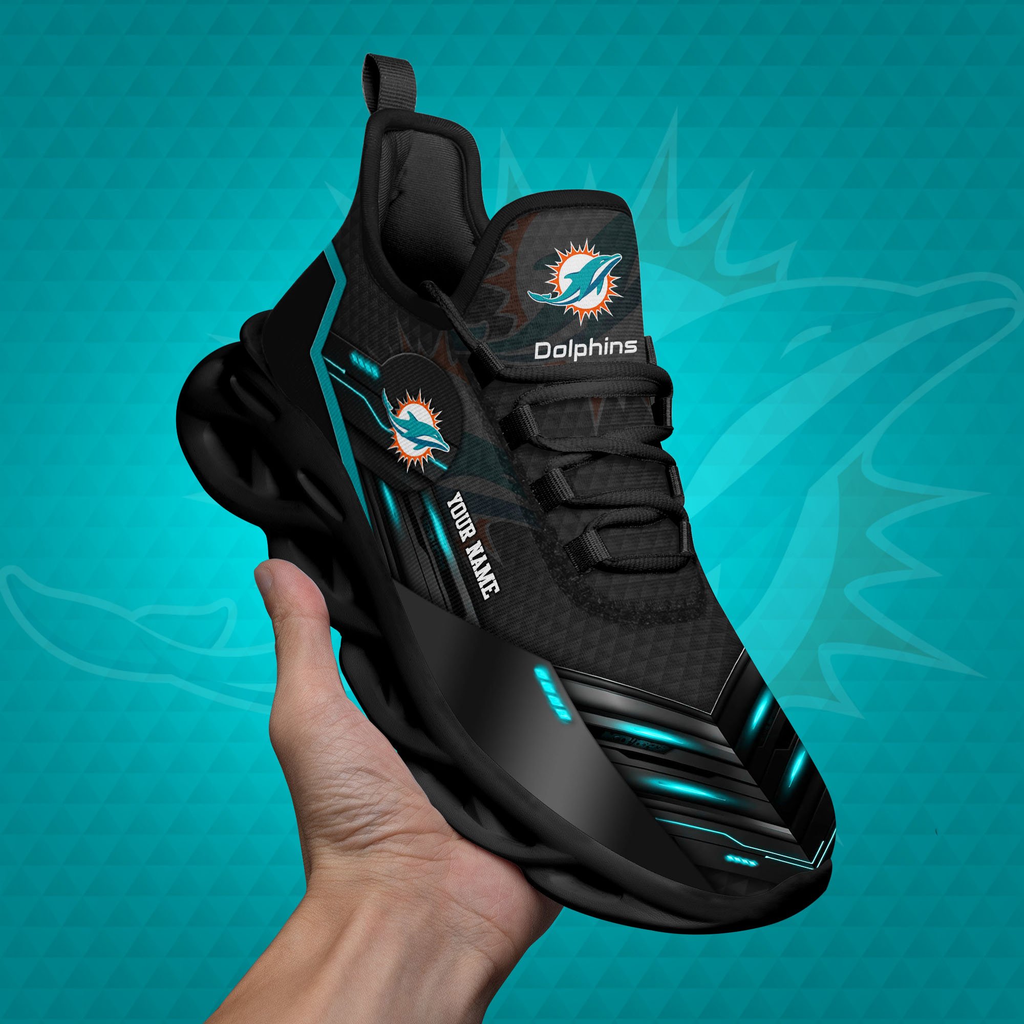 Miami Dolphins Black Clunky Sneaker Custom Name, Max Soul Shoes, Sport Gifts For Fan