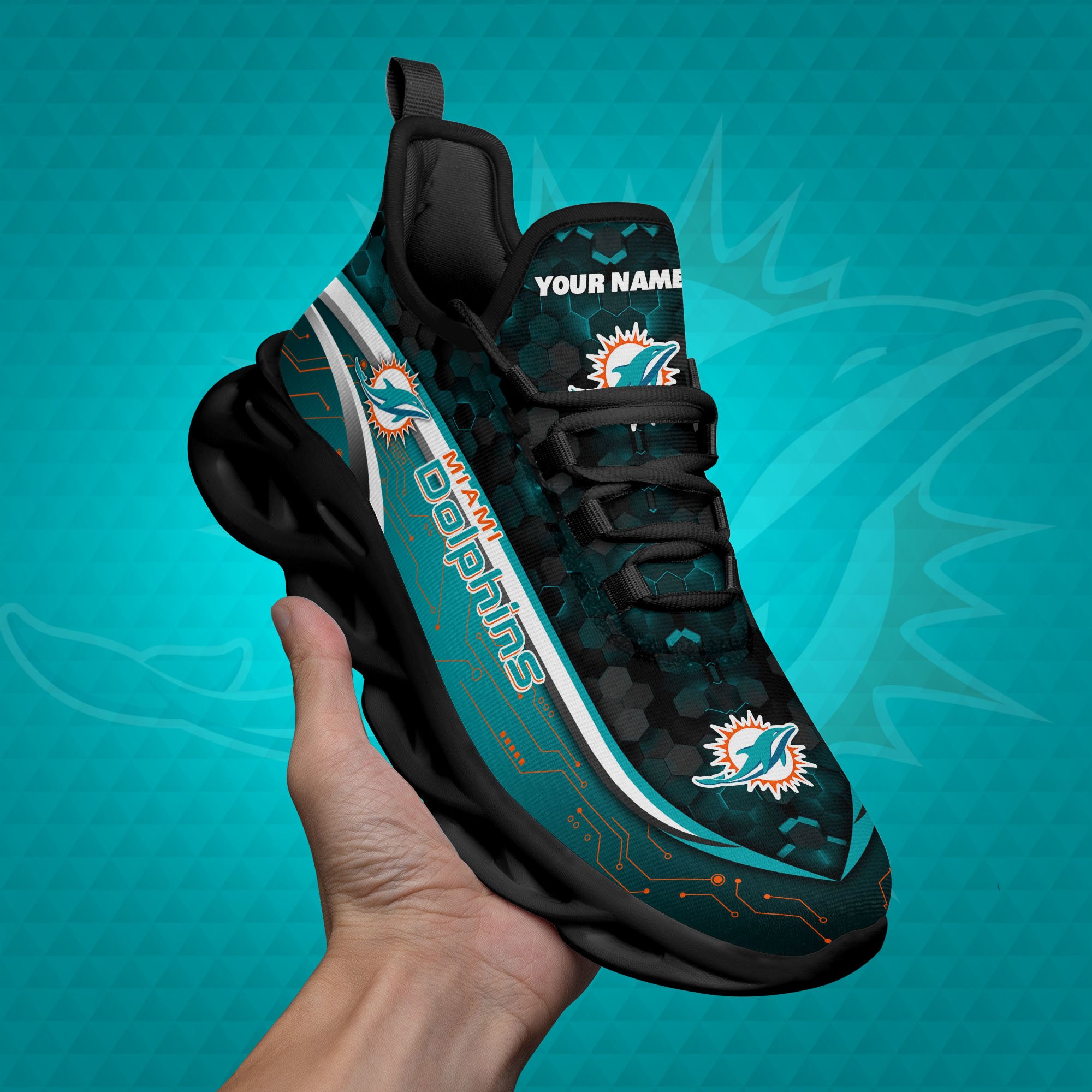 Miami Dolphins Black Clunky Sneakers Custom Name, Max Soul Shoes, Sport Gifts