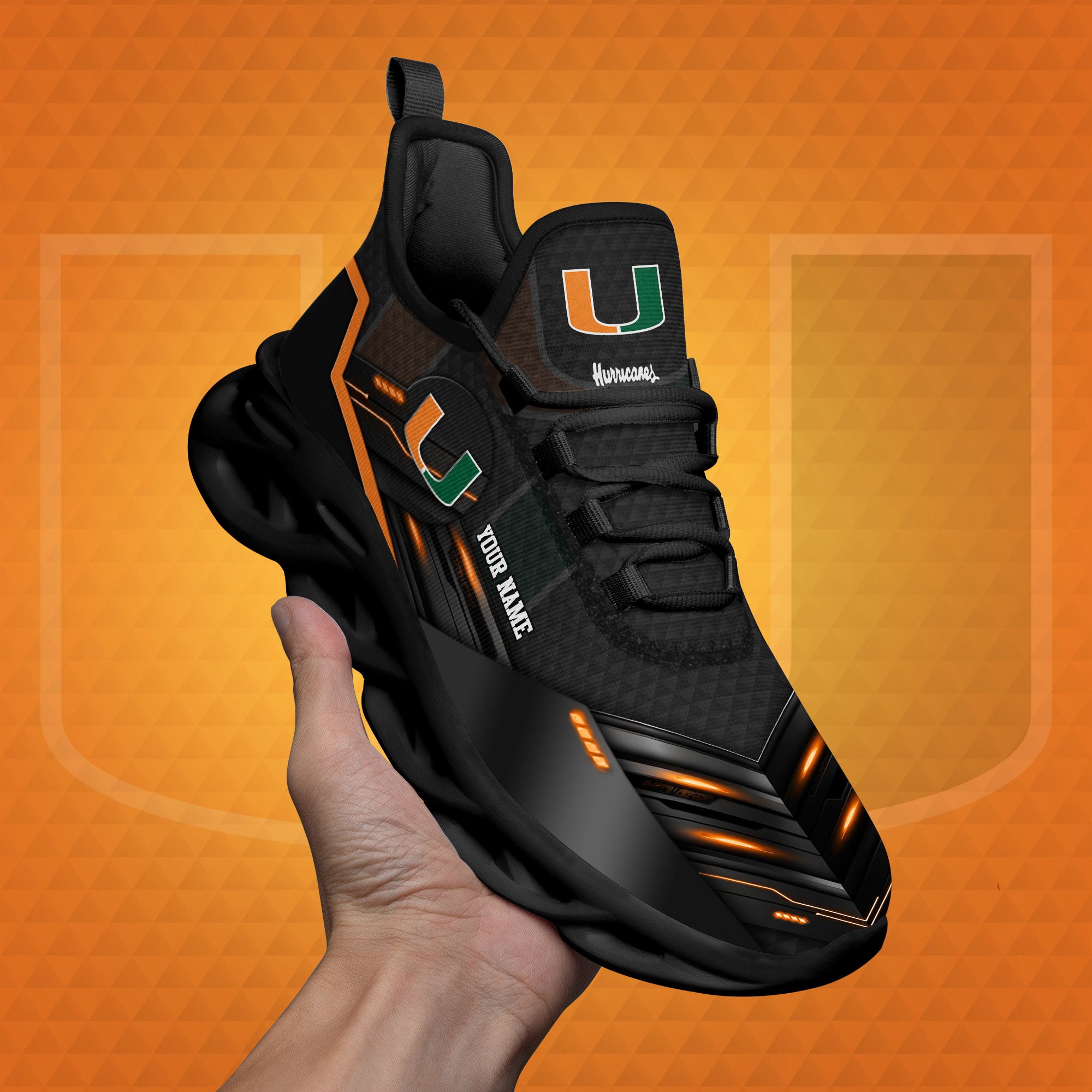 Miami Hurricanes Black Clunky Sneaker Custom Name, Max Soul Shoes, Sport Gifts For Fan