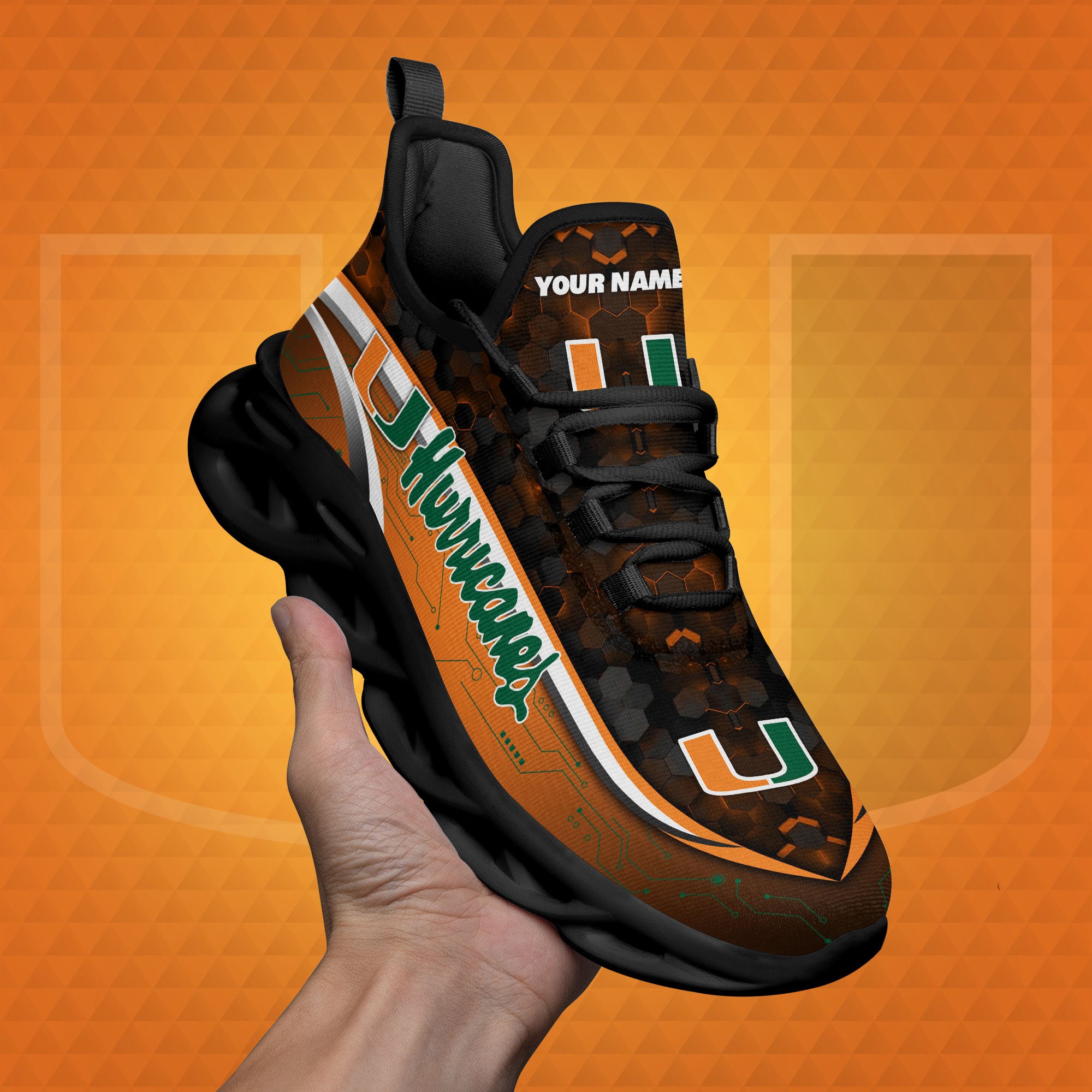 Miami Hurricanes Black Clunky Sneakers Custom Name, Max Soul Shoes, Sport Gifts