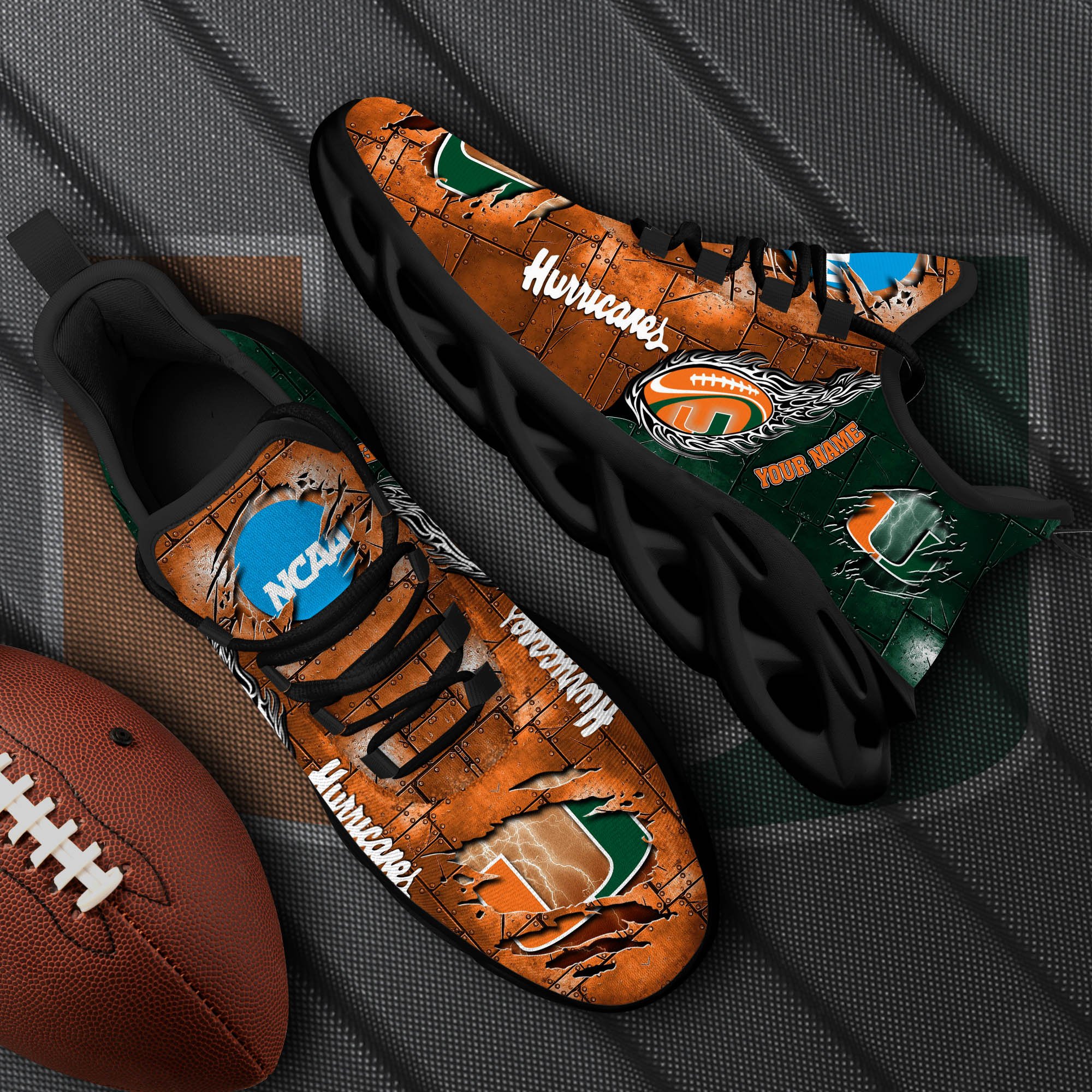 Miami Hurricanes Black Max Soul Shoes 2026 Versions, White Max Soul Shoes Custom Your Name PH879