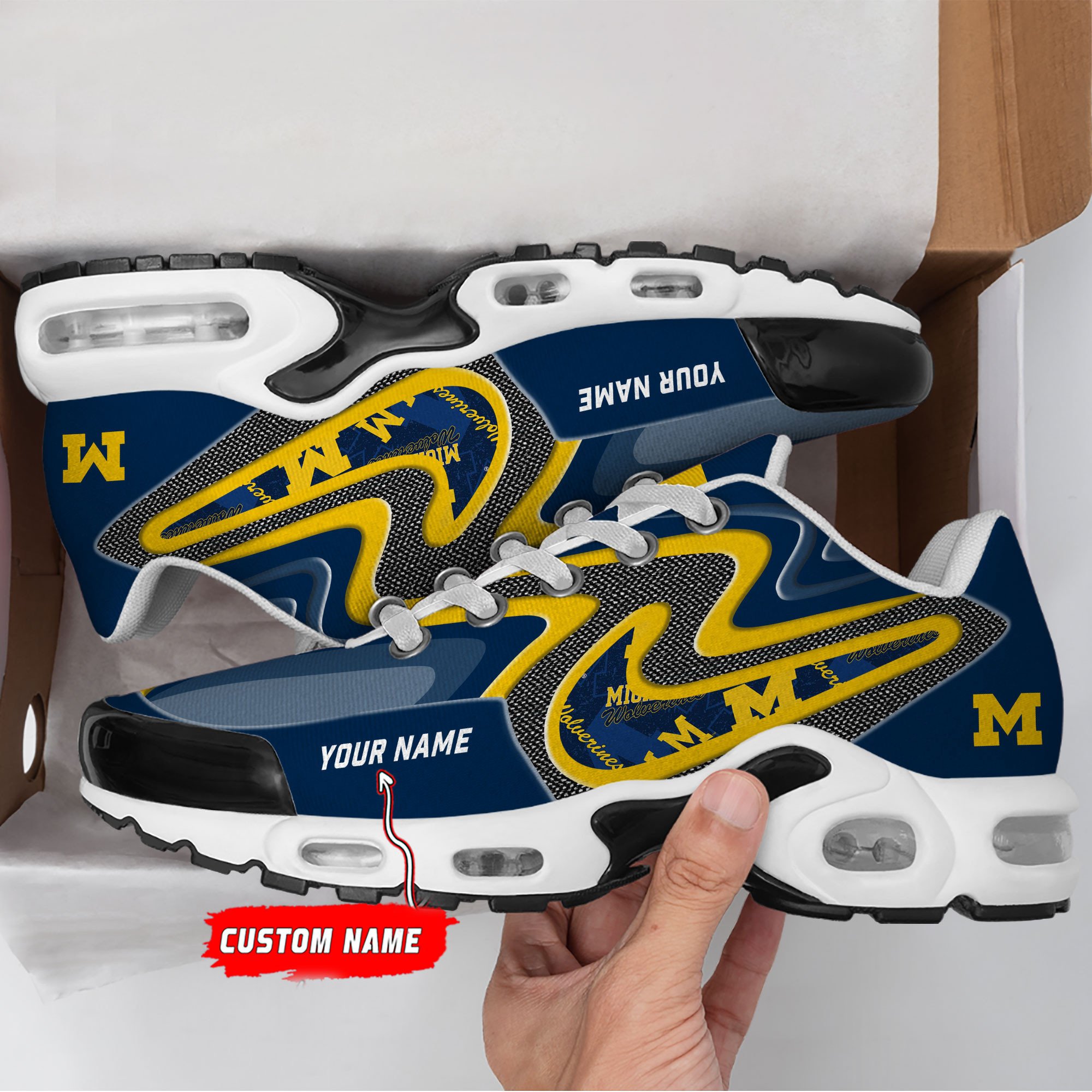 michigan wolverines personalized name team checkmark logo mix colors stitch line tn shoes air cushion sneakers 1408 r2lbr