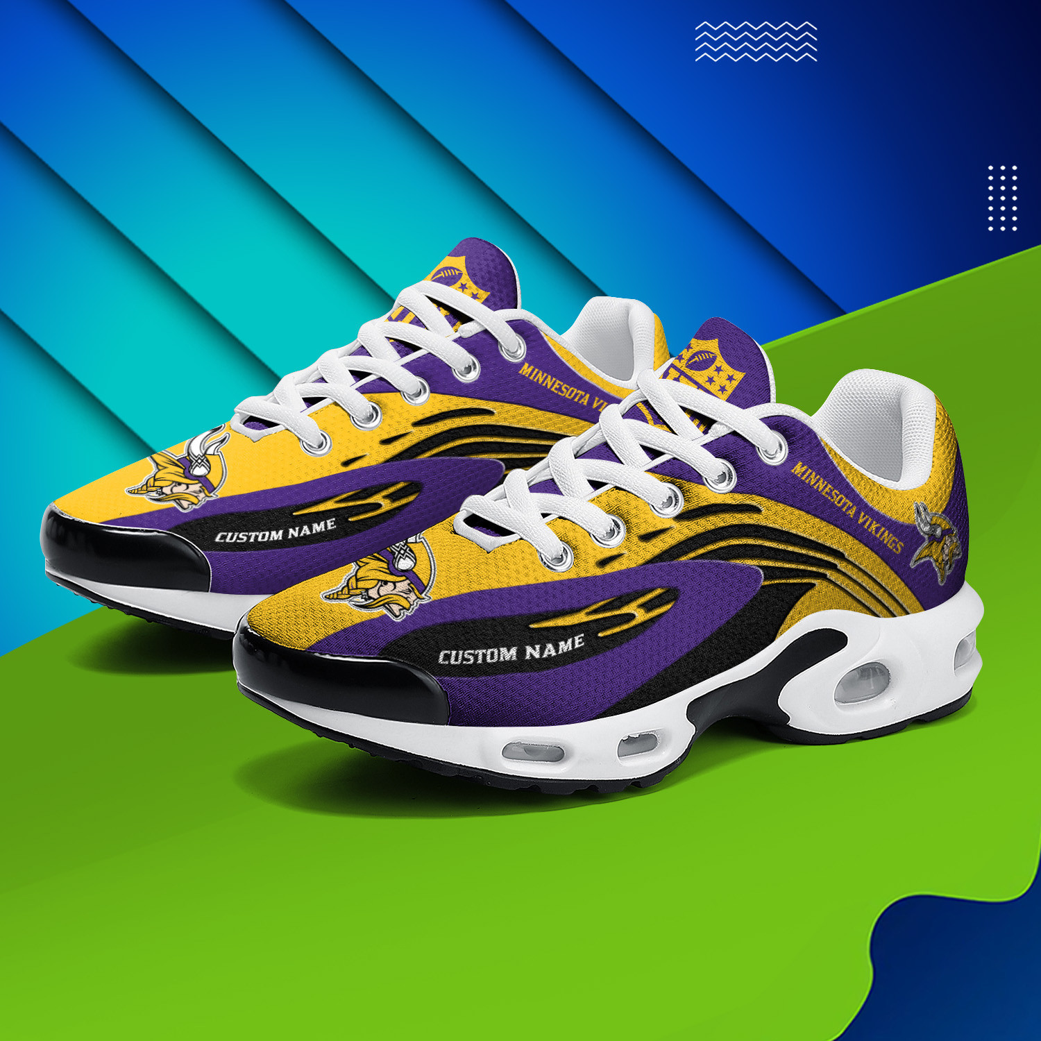minnesota vikings personalized name team logo mix colors wave line tn air max shoes air cushion sneakers 7756 tliqt