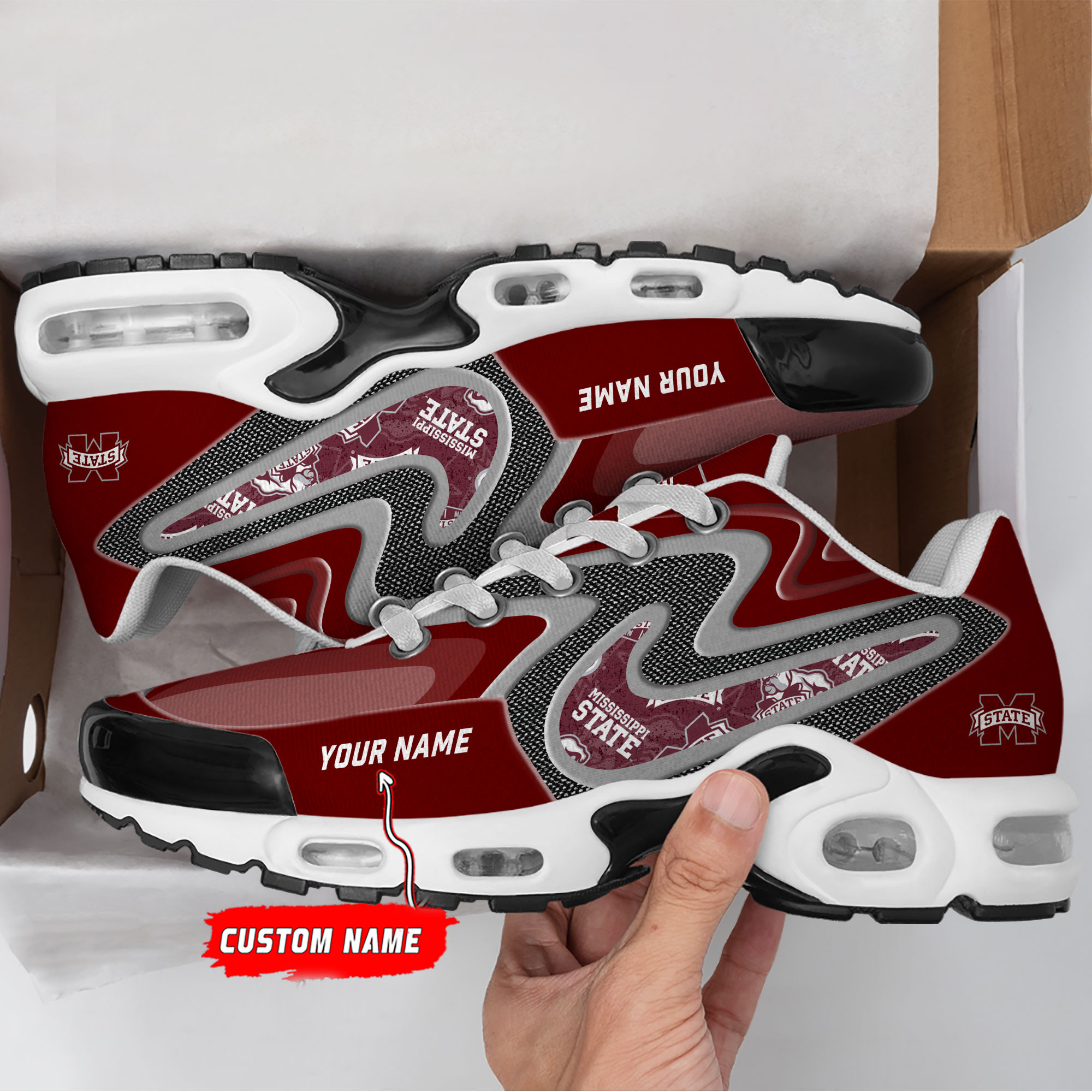 Mississippi State Bulldogs Personalized Name Team Checkmark Logo Mix Colors Stitch Line TN Air Max Shoes Air Cushion Sneakers