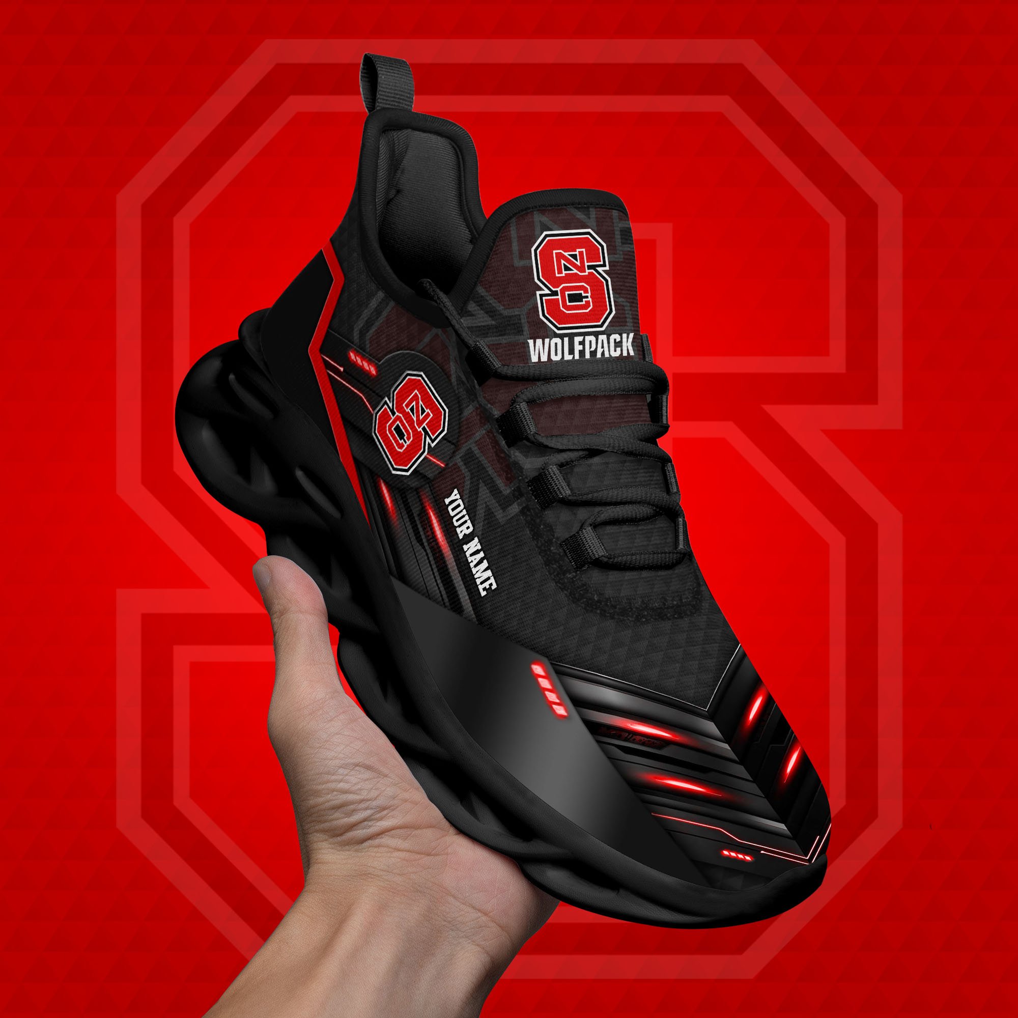 NC State Wolfpack Black Clunky Sneaker Custom Name, Max Soul Shoes, Sport Gifts For Fan