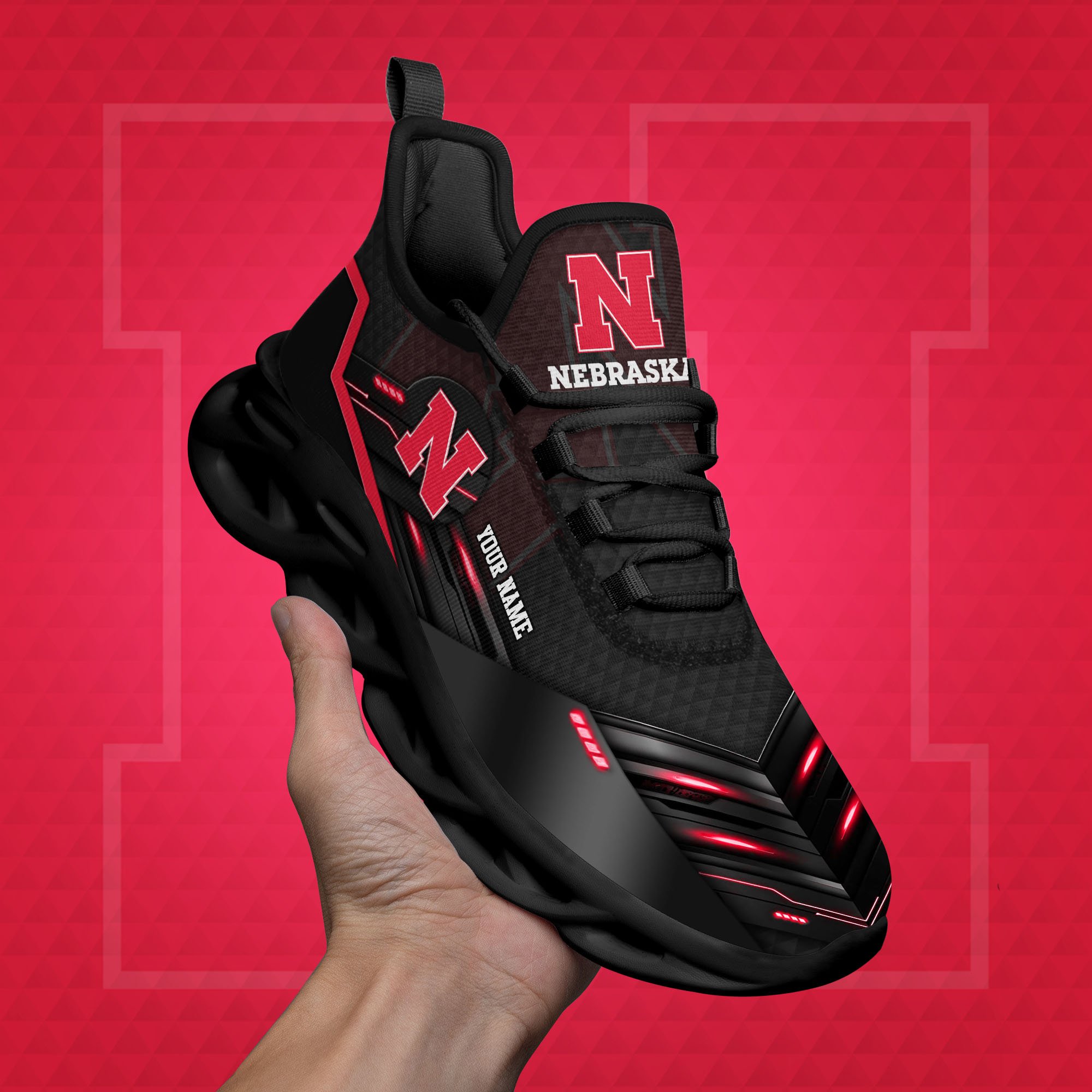 Nebraska Cornhuskers Black Clunky Sneaker Custom Name, Max Soul Shoes, Sport Gifts For Fan