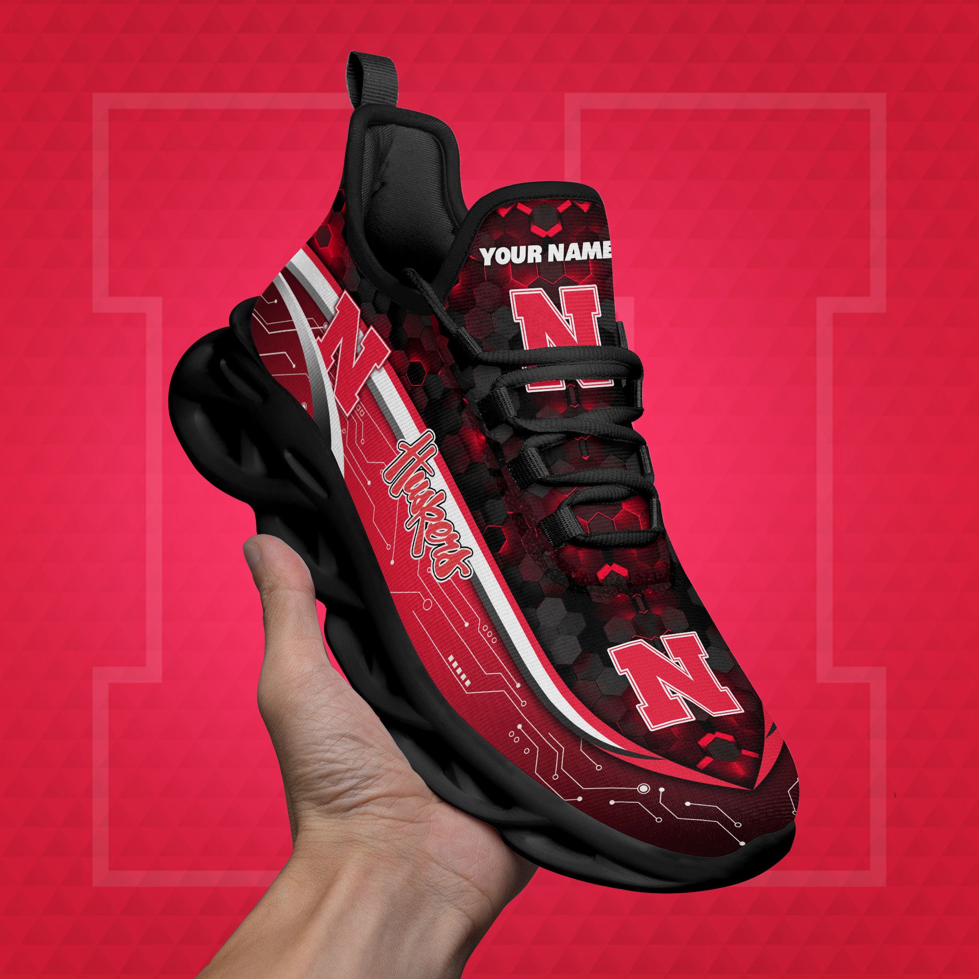 Nebraska Cornhuskers Black Clunky Sneakers Custom Name, Max Soul Shoes, Sport Gifts