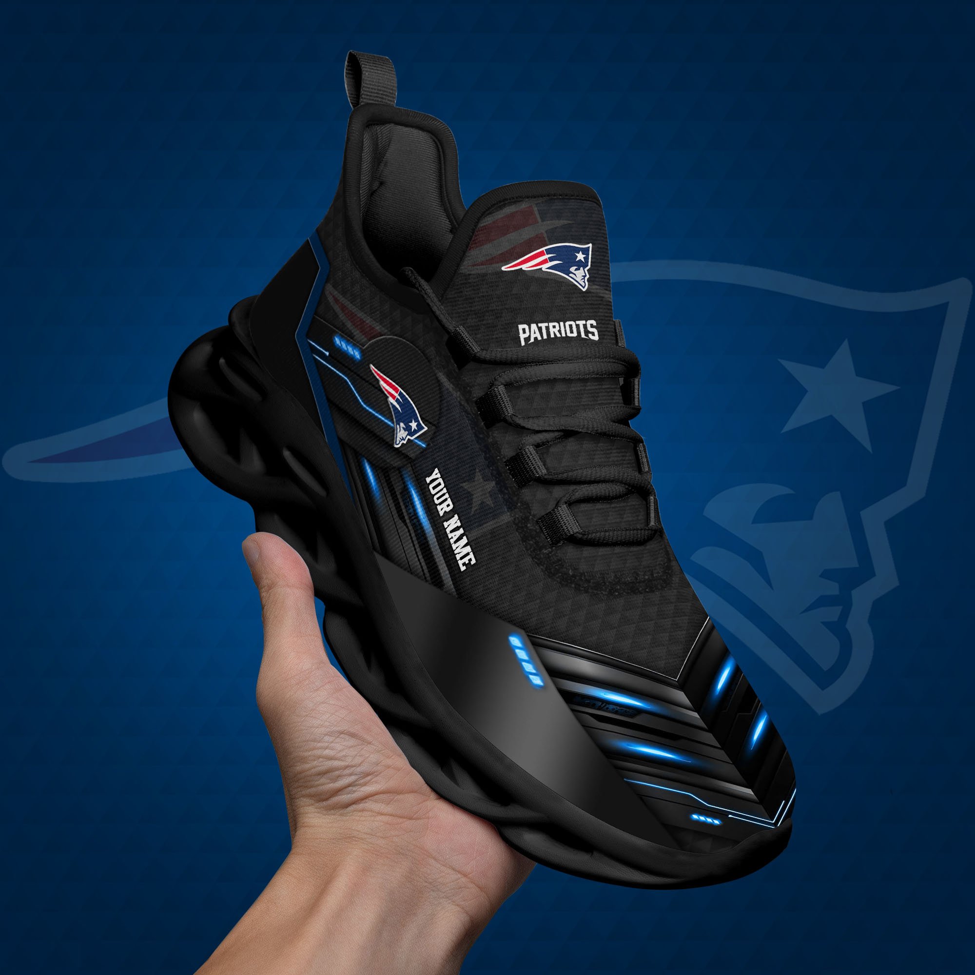 New England Patriots Black Clunky Sneaker Custom Name, Max Soul Shoes, Sport Gifts For Fan