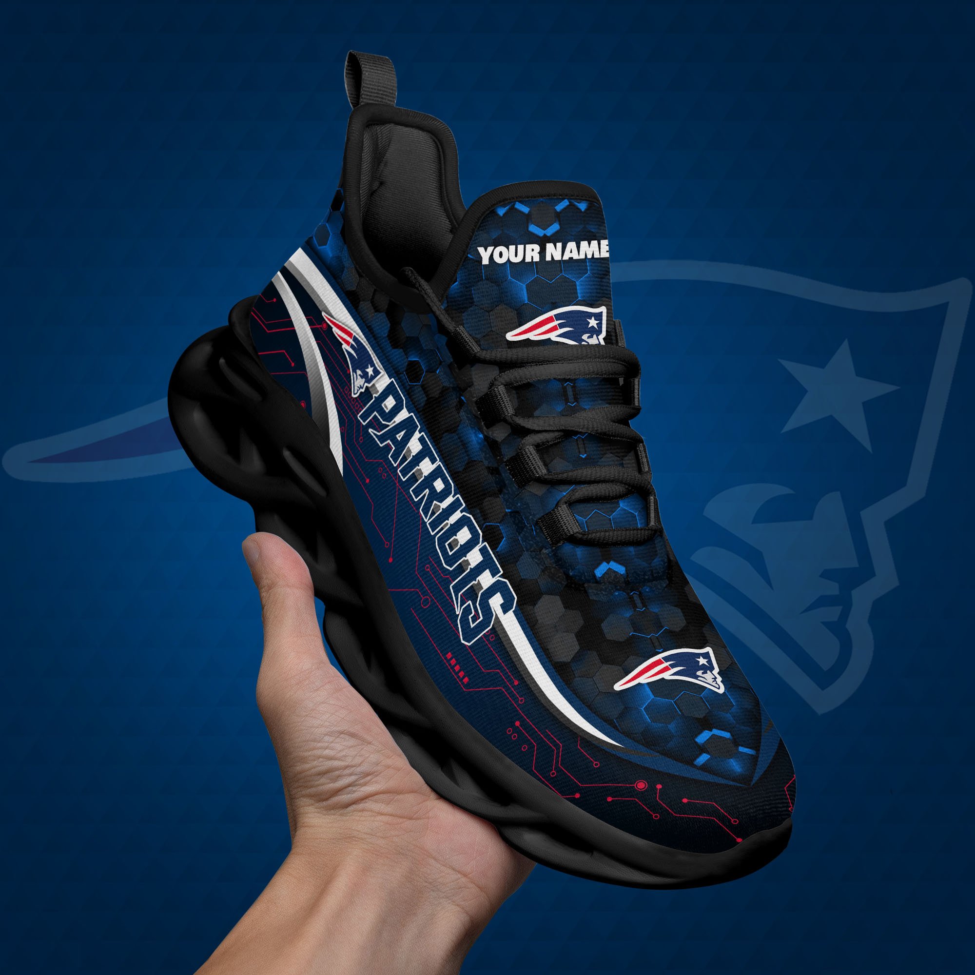 New England Patriots Black Clunky Sneakers Custom Name, Max Soul Shoes, Sport Gifts