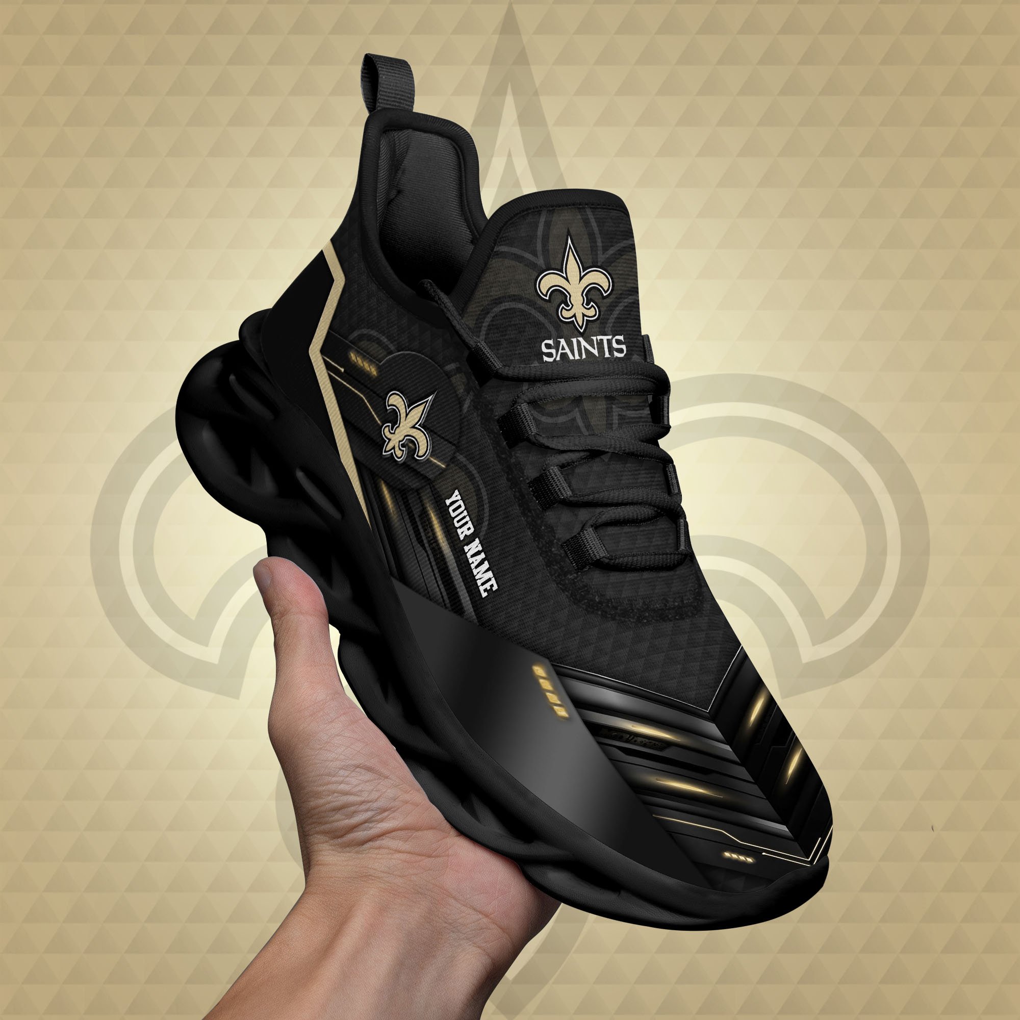 New Orleans Saints Black Clunky Sneaker Custom Name, Max Soul Shoes, Sport Gifts For Fan