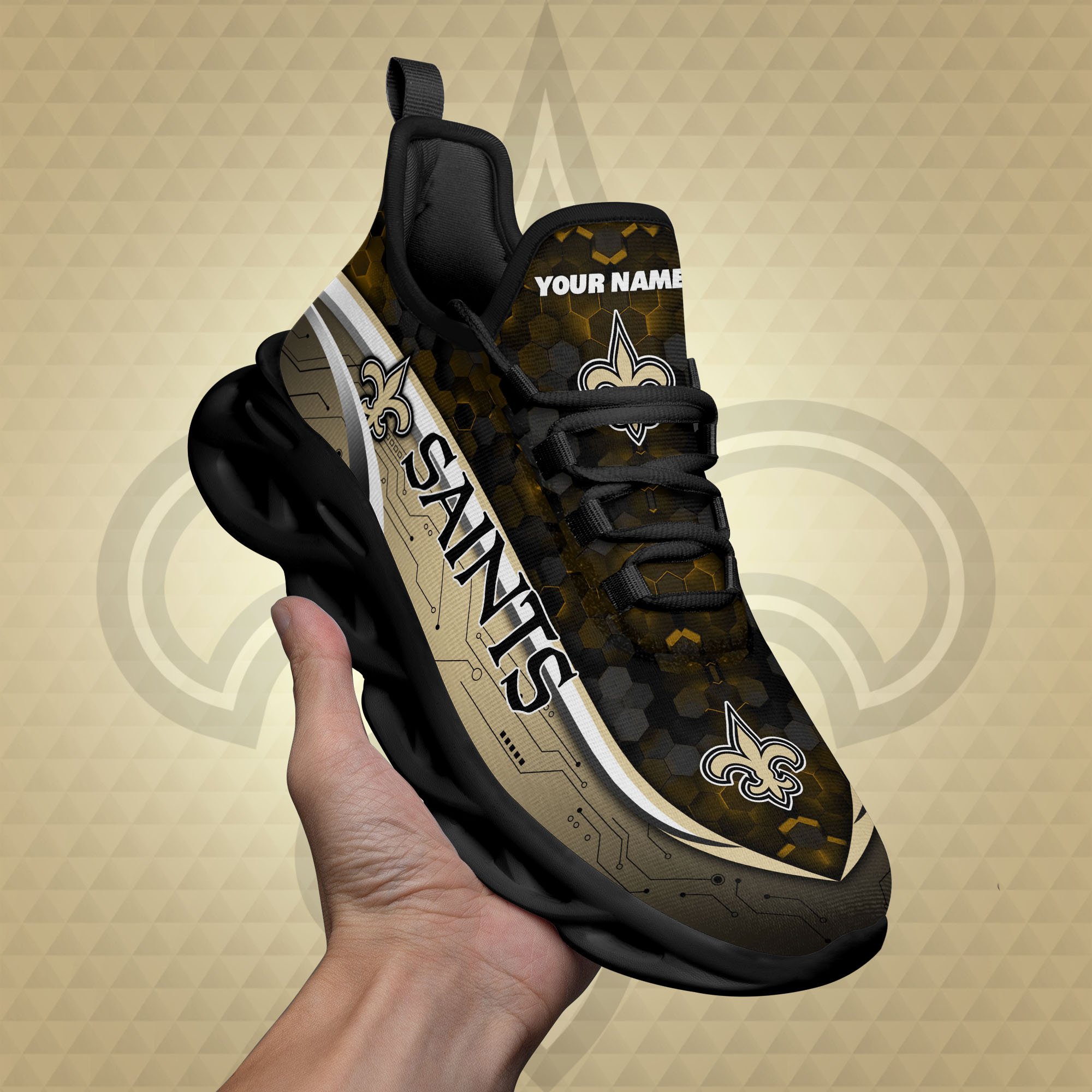New Orleans Saints Black Clunky Sneakers Custom Name, Max Soul Shoes, Sport Gifts