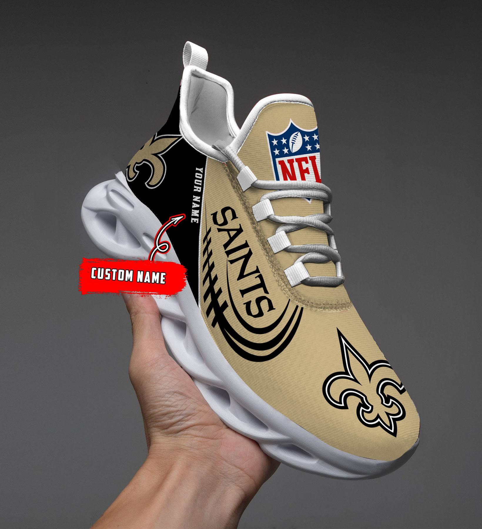 New Orleans Saints Black Max Soul Shoes 2026 Versions Custom Name 630