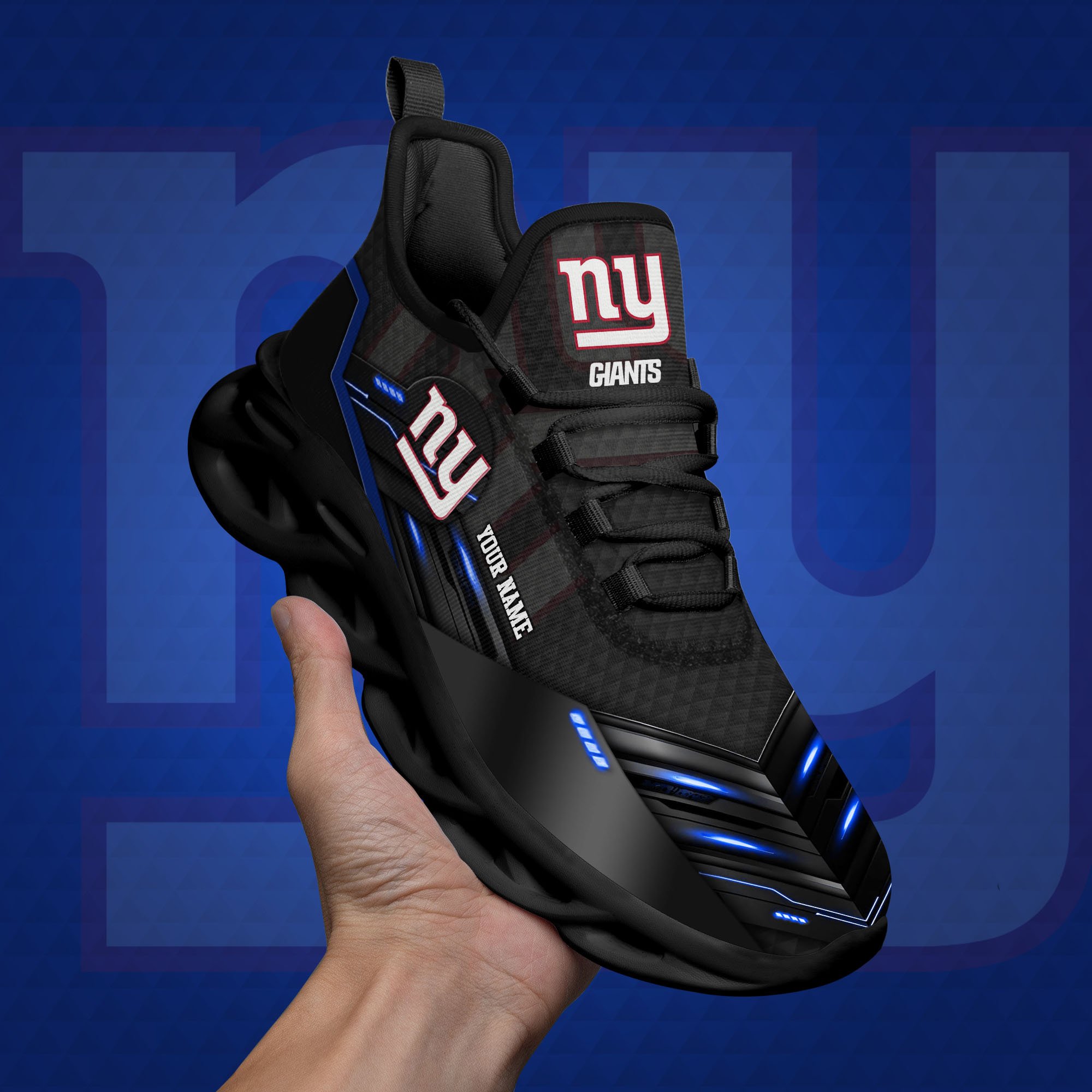 New York Giants Black Clunky Sneaker Custom Name, Max Soul Shoes, Sport Gifts For Fan