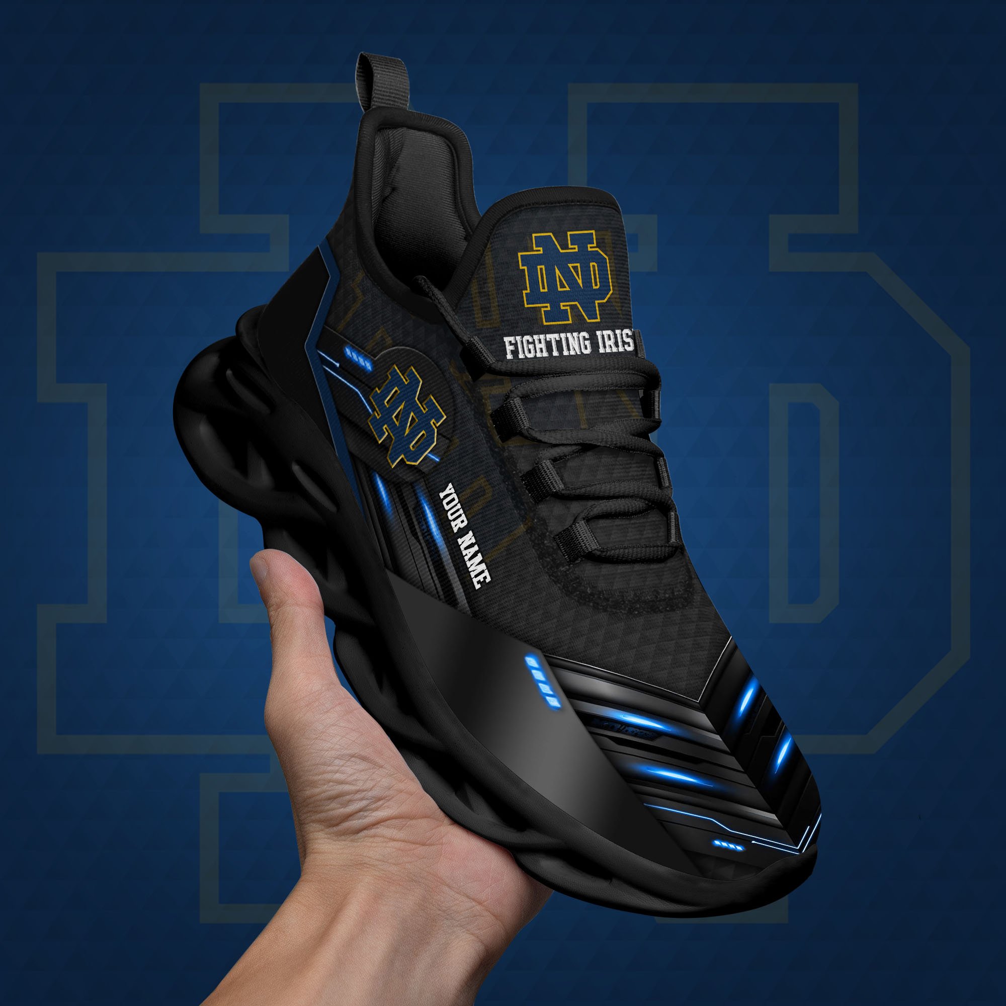 Notre Dame Fighting Irish Black Clunky Sneaker Custom Name, Max Soul Shoes, Sport Gifts For Fan