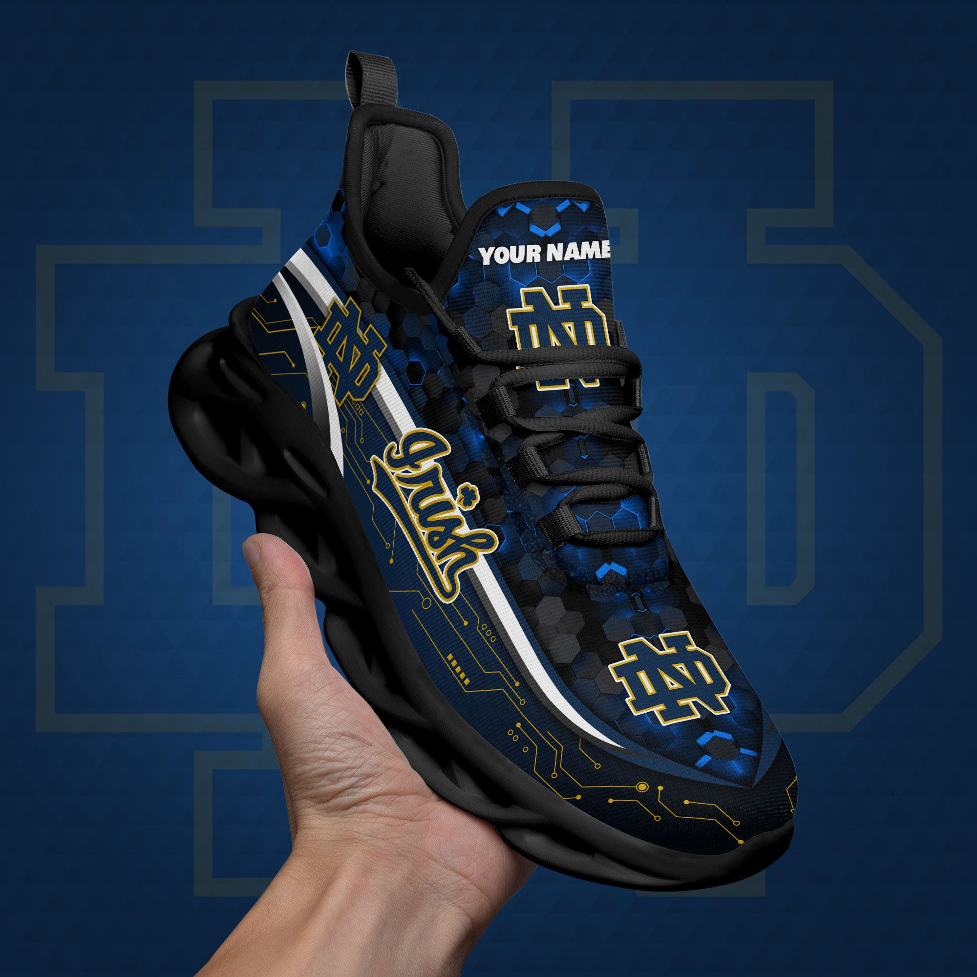 Notre Dame Fighting Irish Black Clunky Sneakers Custom Name, Max Soul Shoes, Sport Gifts