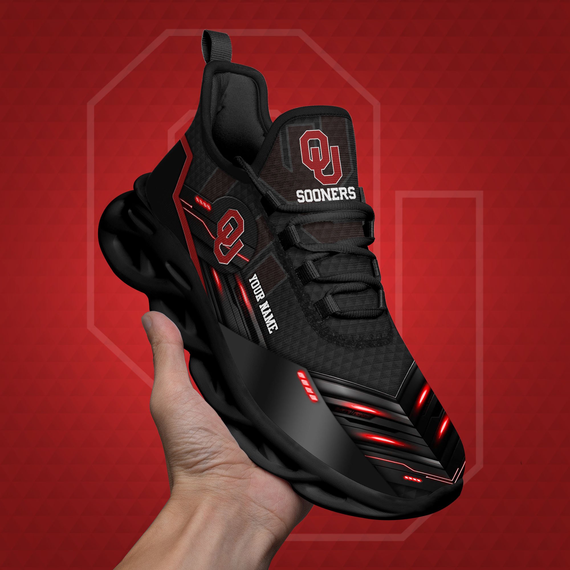 Oklahoma Sooners Black Clunky Sneaker Custom Name, Max Soul Shoes, Sport Gifts For Fan