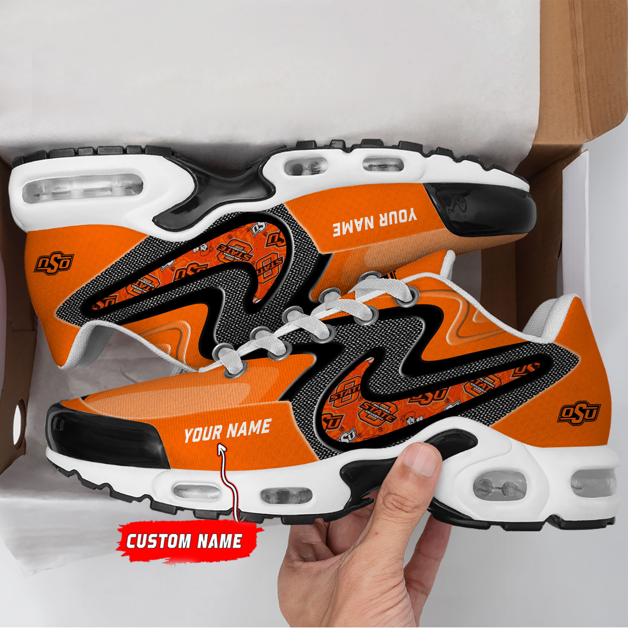 oklahoma state cowboys personalized name team checkmark logo mix colors stitch line tn shoes air cushion sneakers 4352