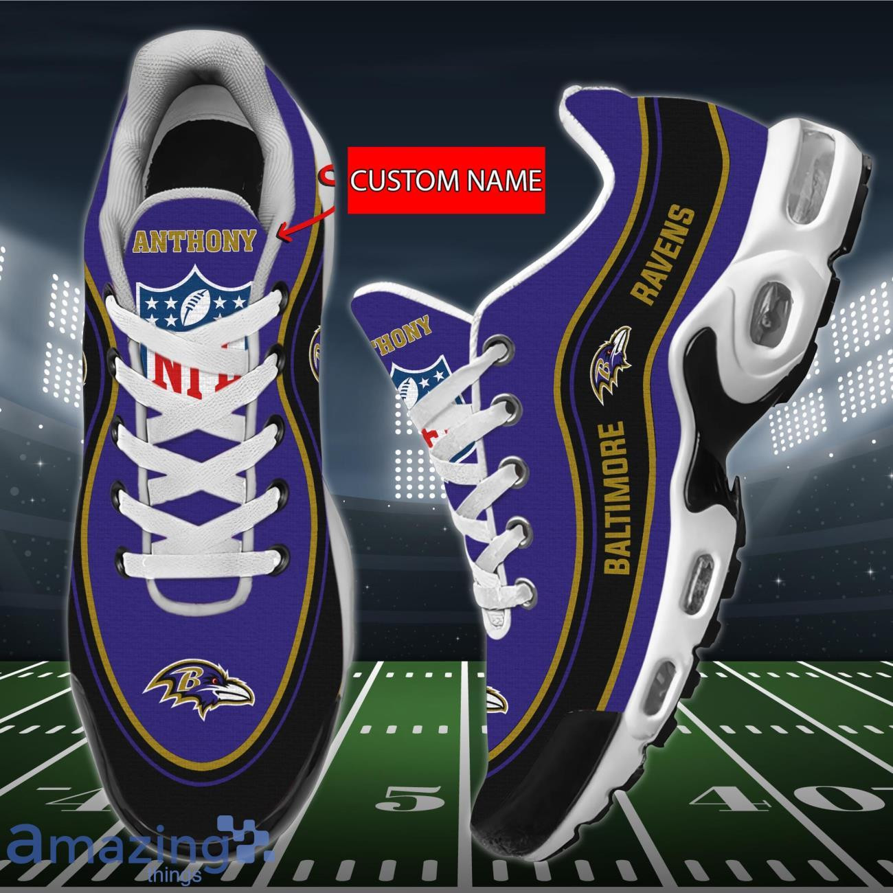 Personalized Baltimore Ravens Team Logo Team Name On Black TN Air Max Shoes Air Cushion Sneakers