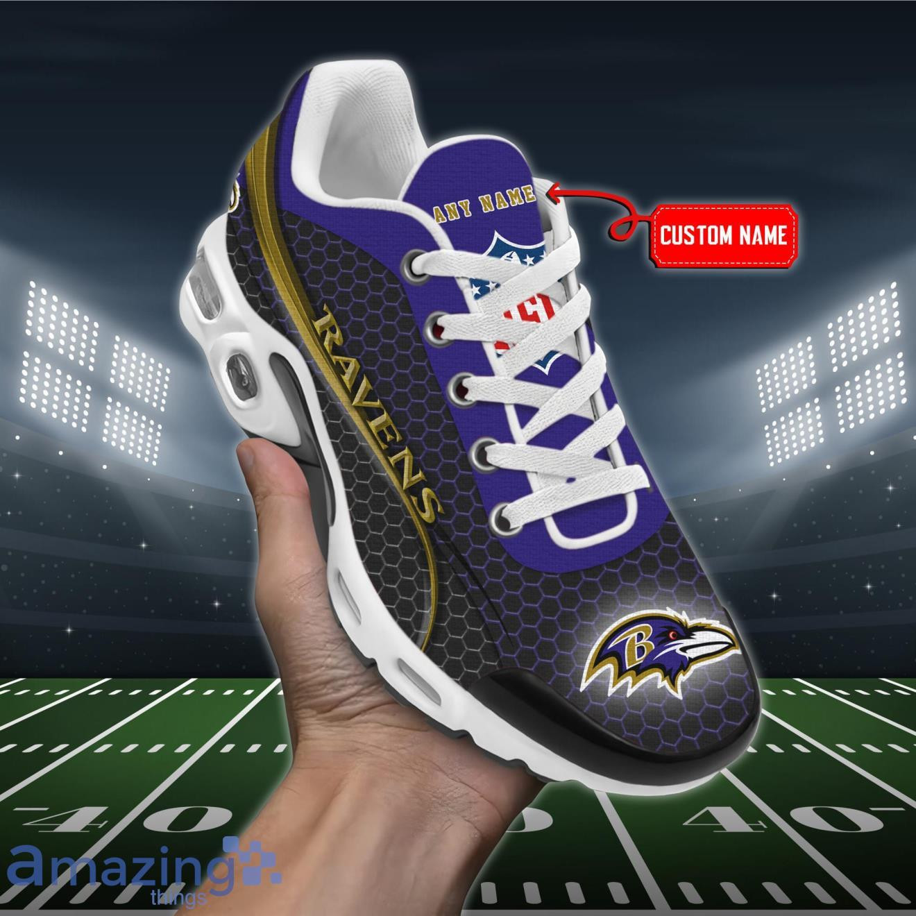 personalized baltimore ravensteam logo hexagon pattern team color tn air max shoes air cushion sneakers 2158 wro5u